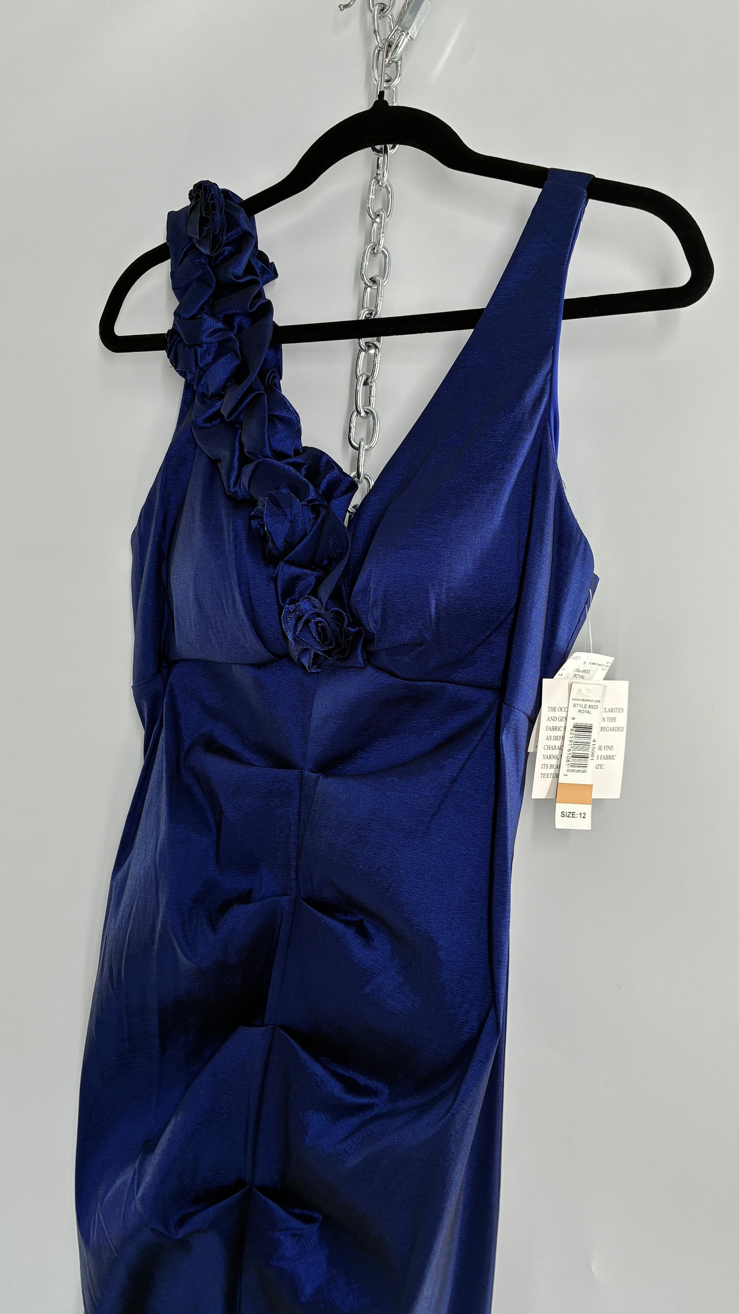 Deadstock Vintage Iridescent Metallic Taffeta Royal Blue Ruched Bodice and Floral Appliqué Gown (12)
