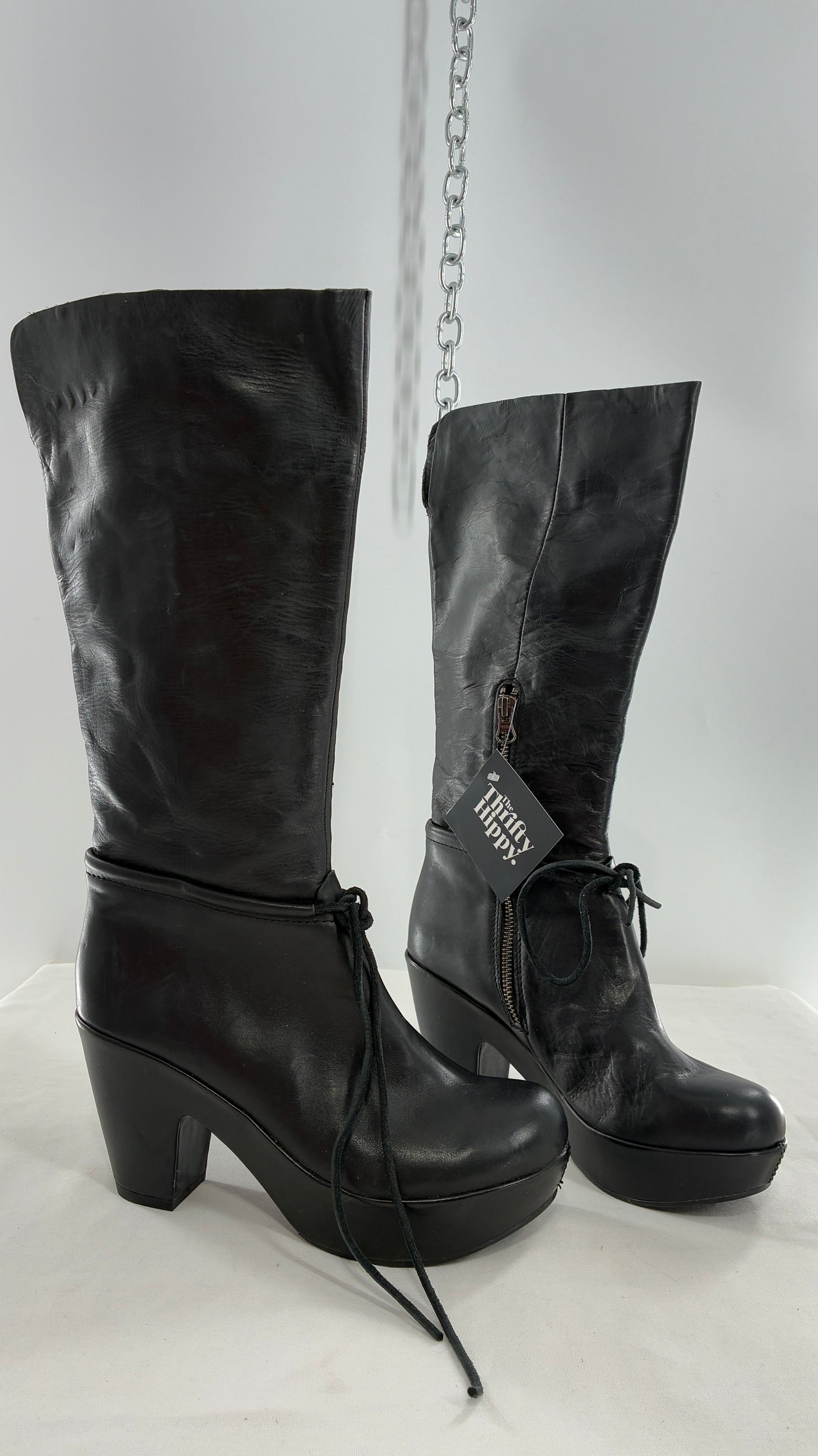 Vintage KORK EASE Black Genuine Leather Platform Clog, Knee High Boots (8/39)