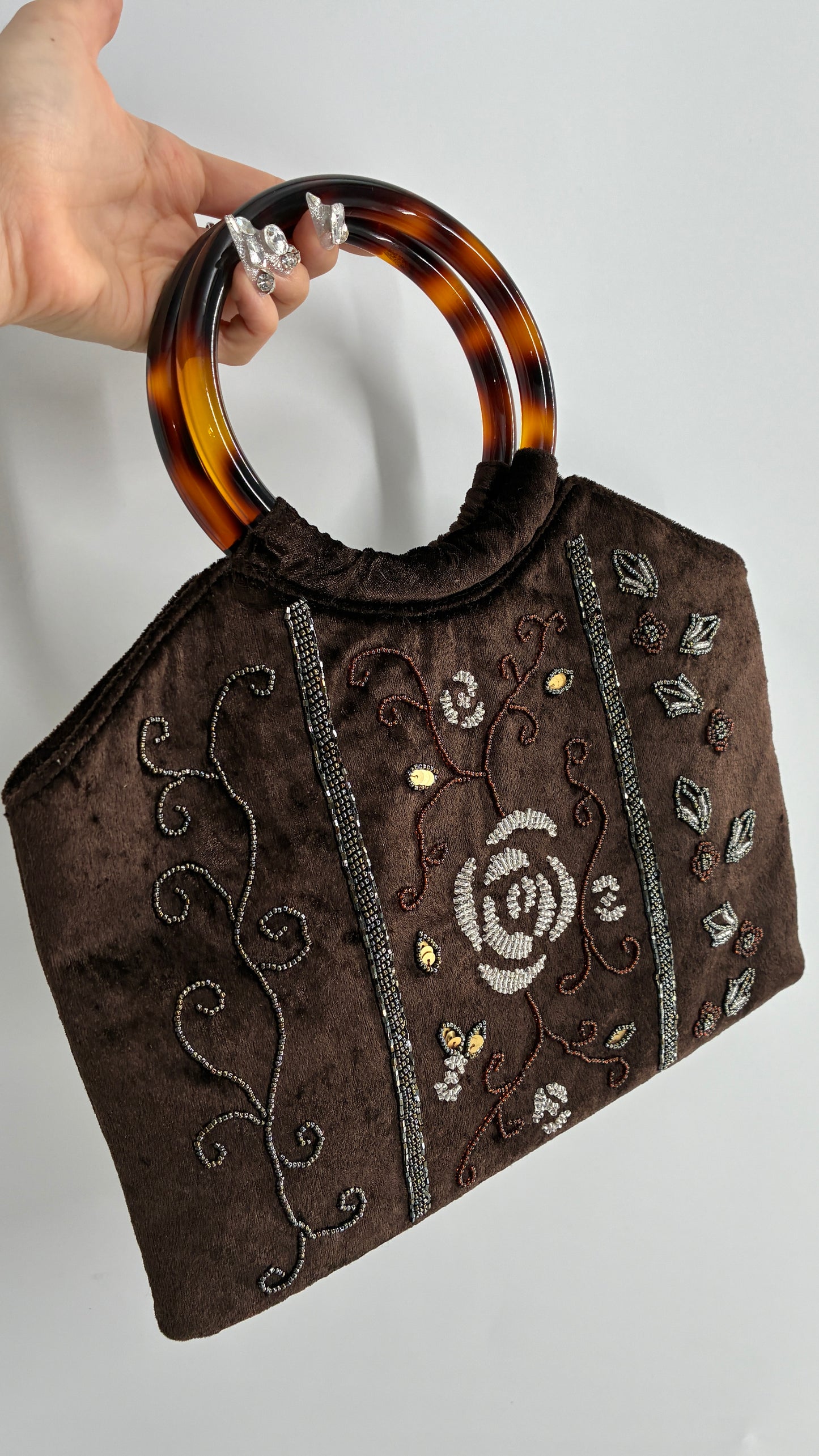 Vintage Silver Blue USA Brown Beaded Velvet Handbag with Circular Clutch