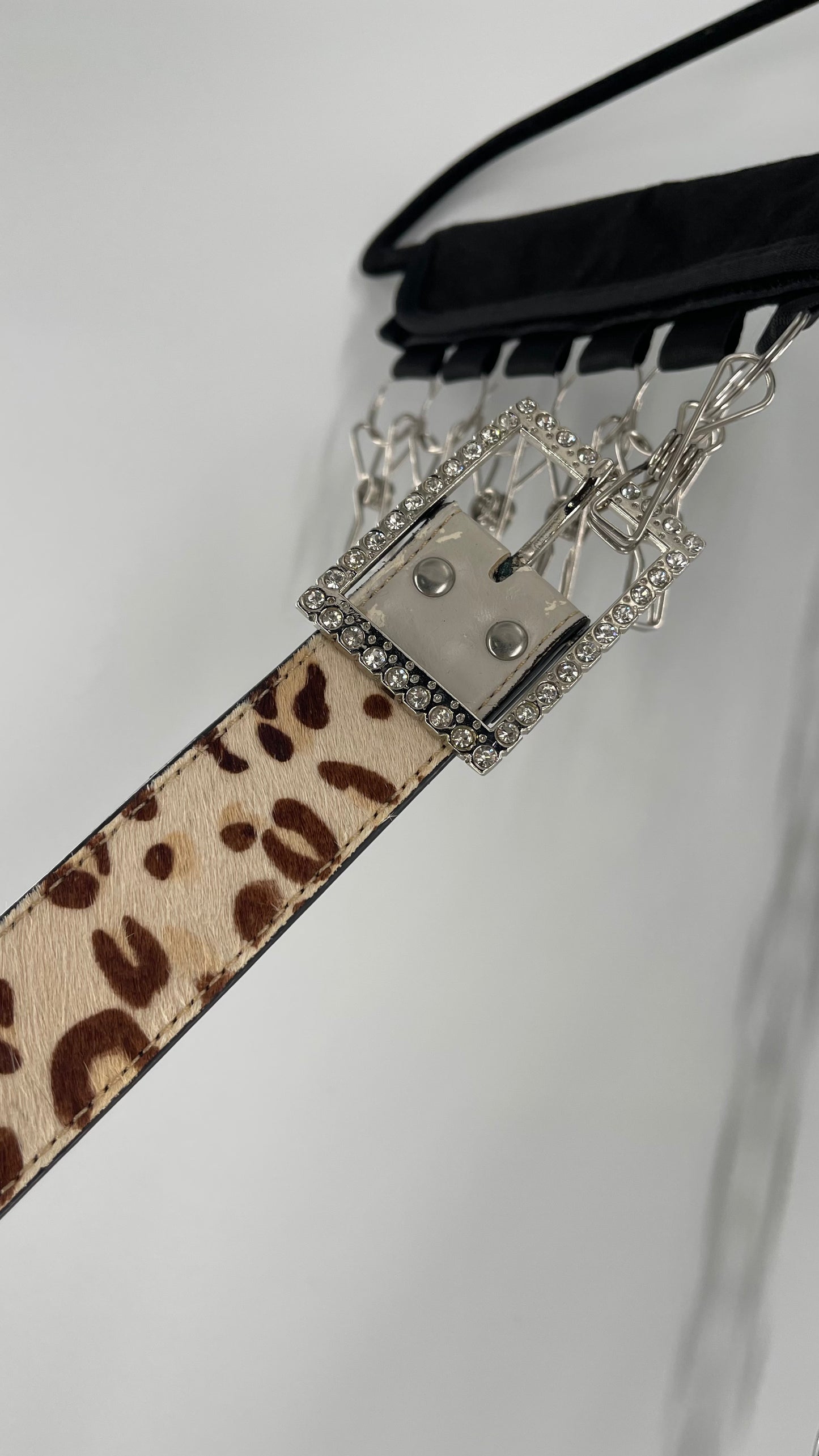 Vintage Pony Fur Animal Print Patchwork Belt with Rhinestone Buckle and Embellishments (Medium)