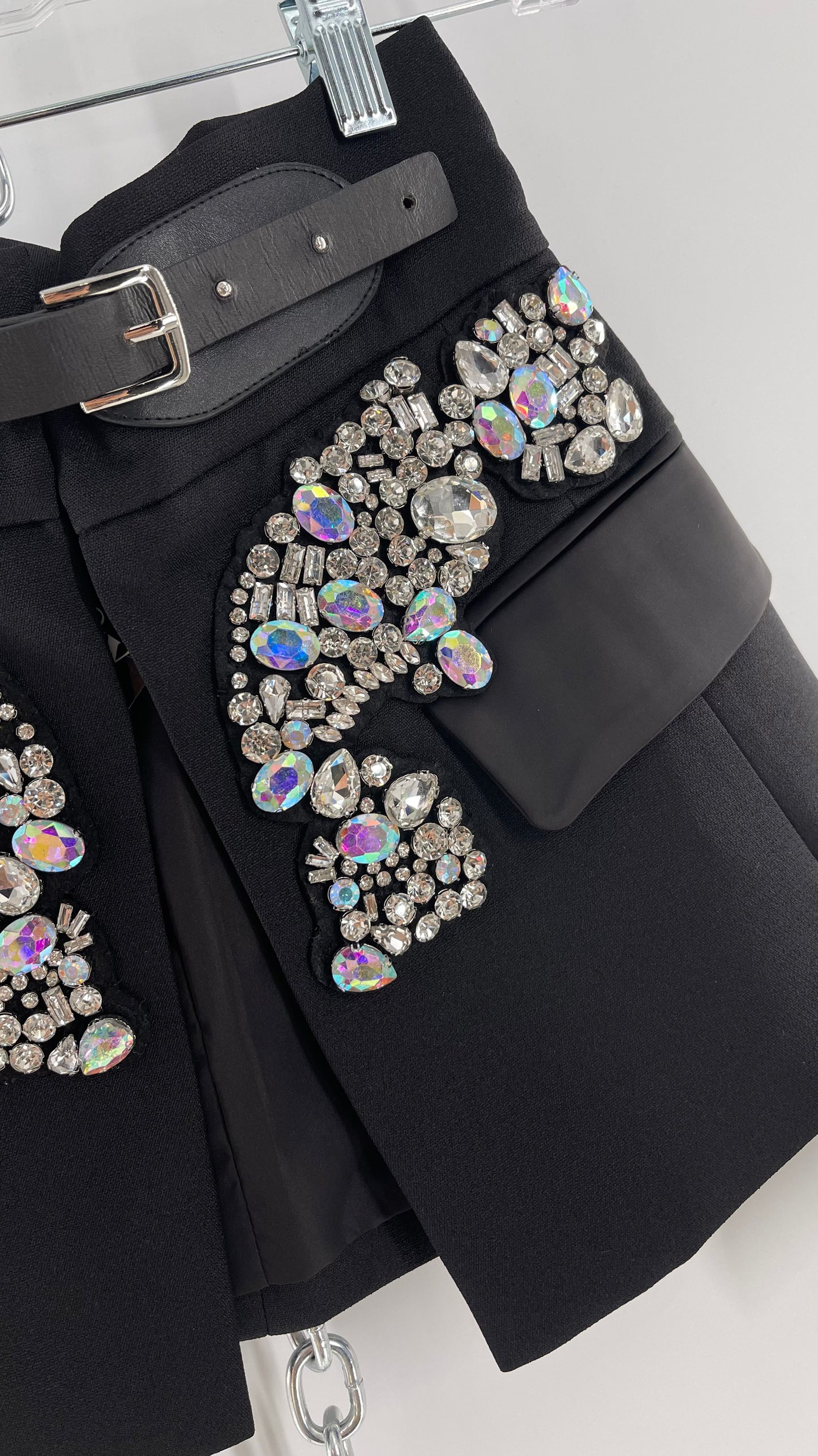 Black Skirt Belt Covered in Crystal Embellishments with Satin Flap Pockets (Medium)