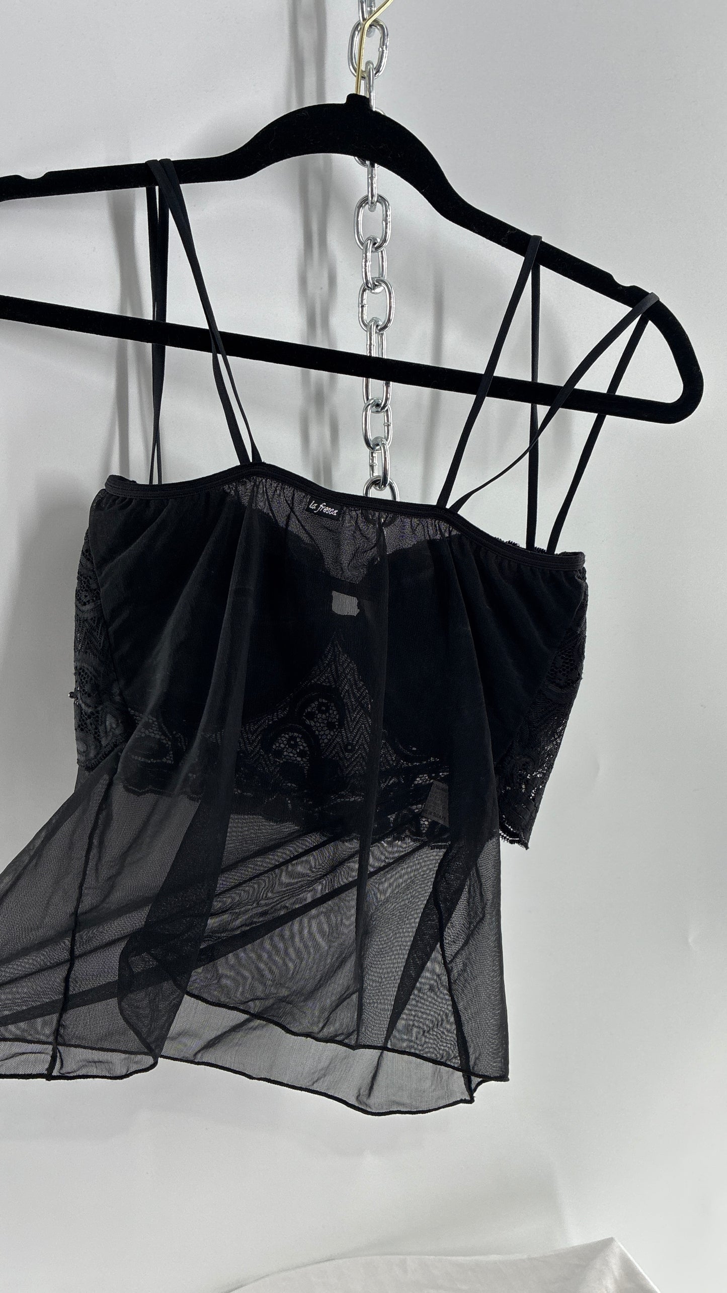Vintage LA FRESCA Black Lace Bustier Babydoll with Mesh Bodice and Beaded Cups/Band (Large)