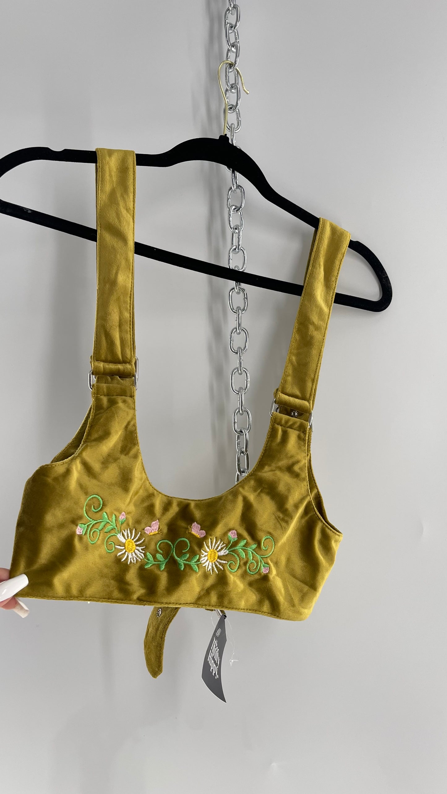 Urban Outfitters Greenish Gold Velour Body Harness with Embroidered Daisies and Butterflies (Large)