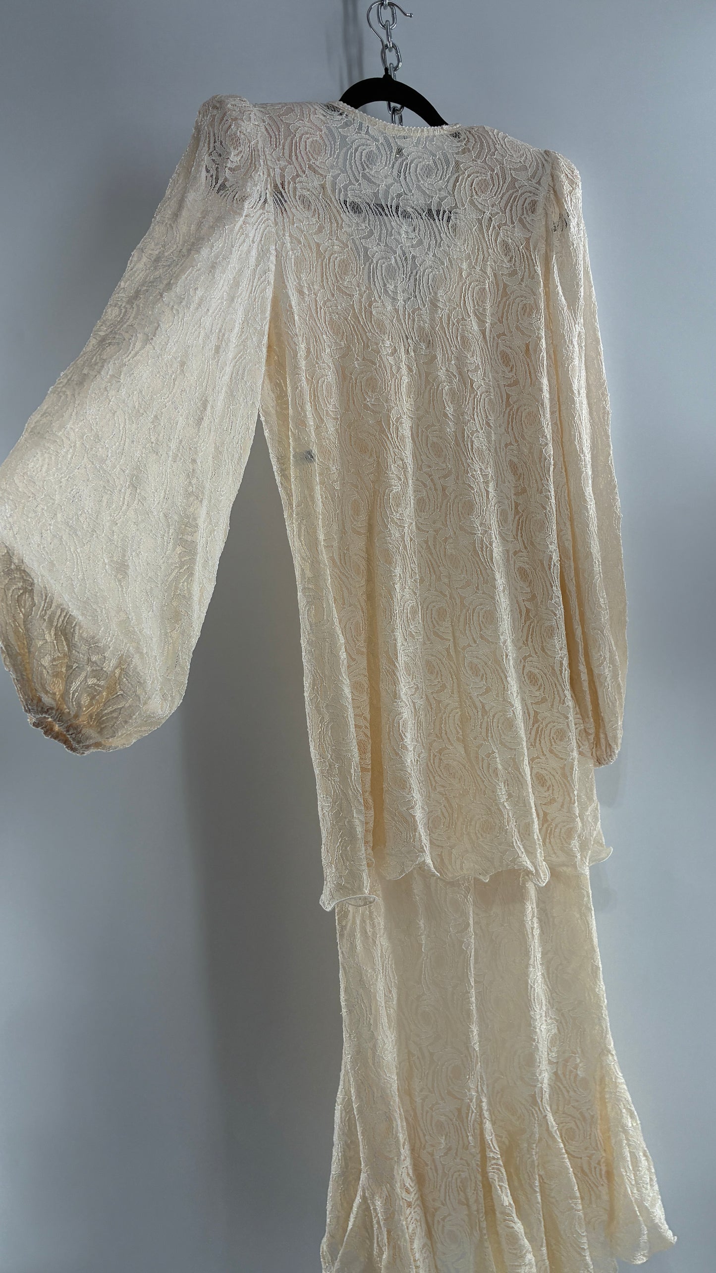 Vintage SARA MIQUE New York Off White Maxi Dress and Balloon Sleeve Cardigan Set (M)