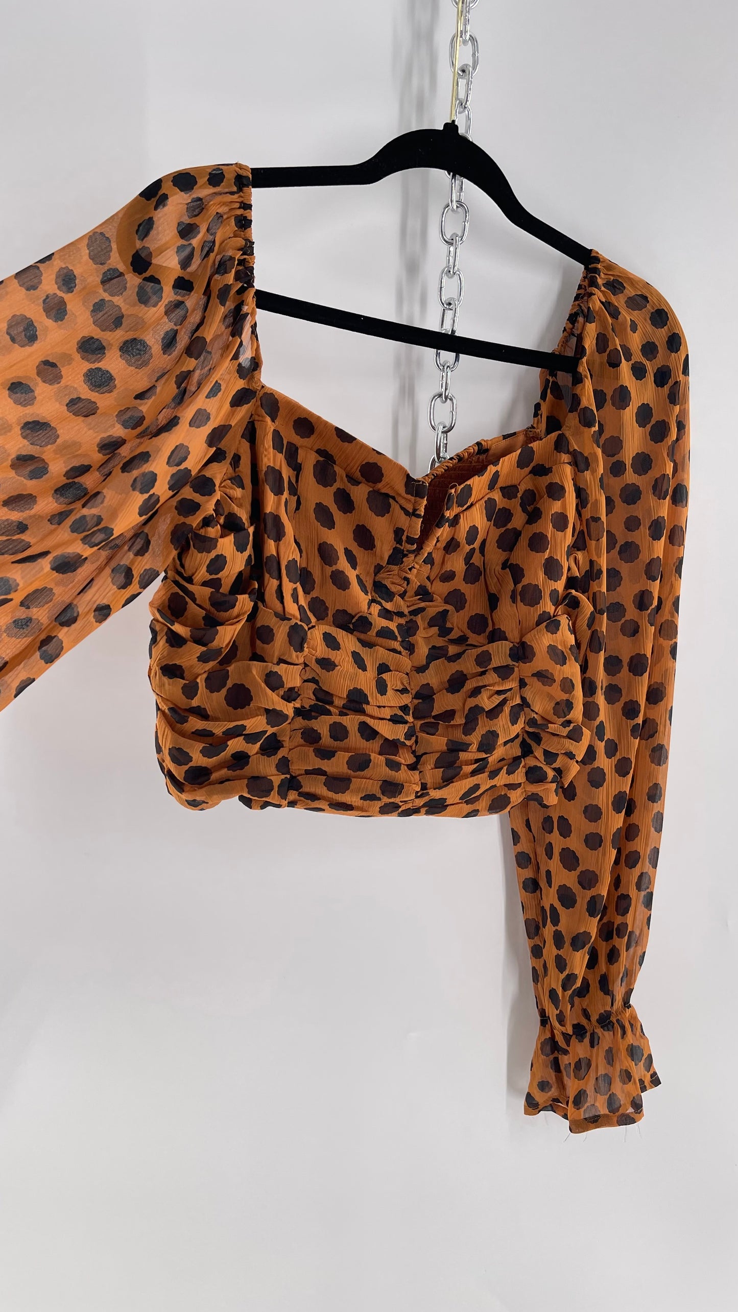 Free People Brown Black Animal Print Blouse with Ruched Bodice and Tags Attached (Large)