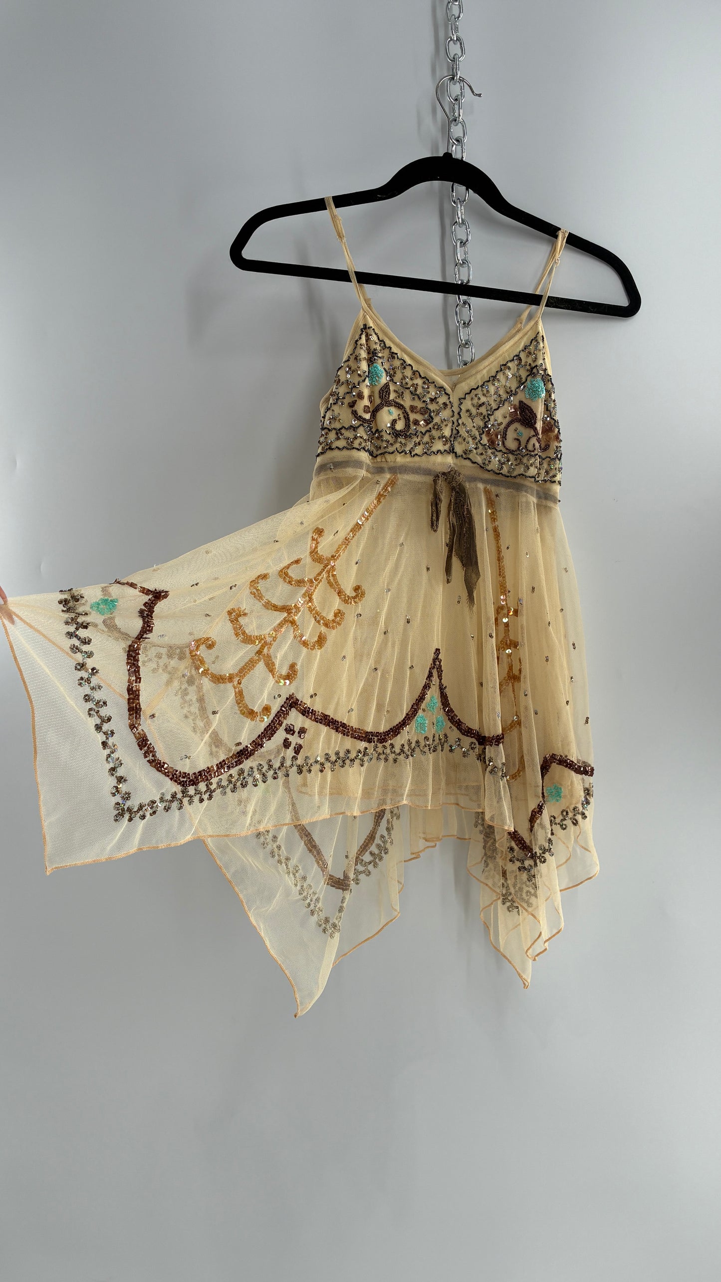 Handmade Beige Handkerchief Camisole with Hand Beaded Details (XS)
