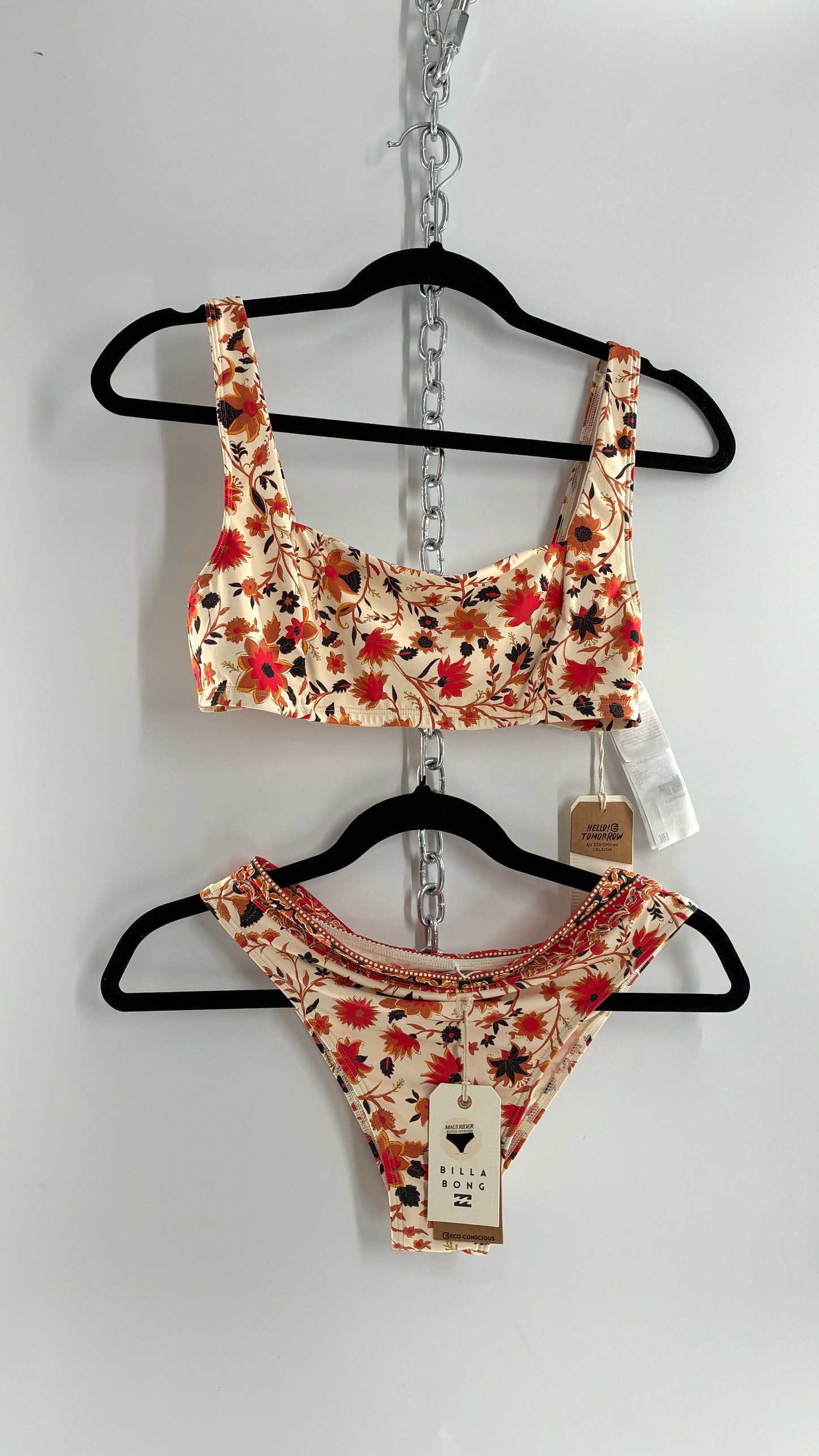 BILLABONG Orange Florals Swimsuit with Tags Attached (Medium)