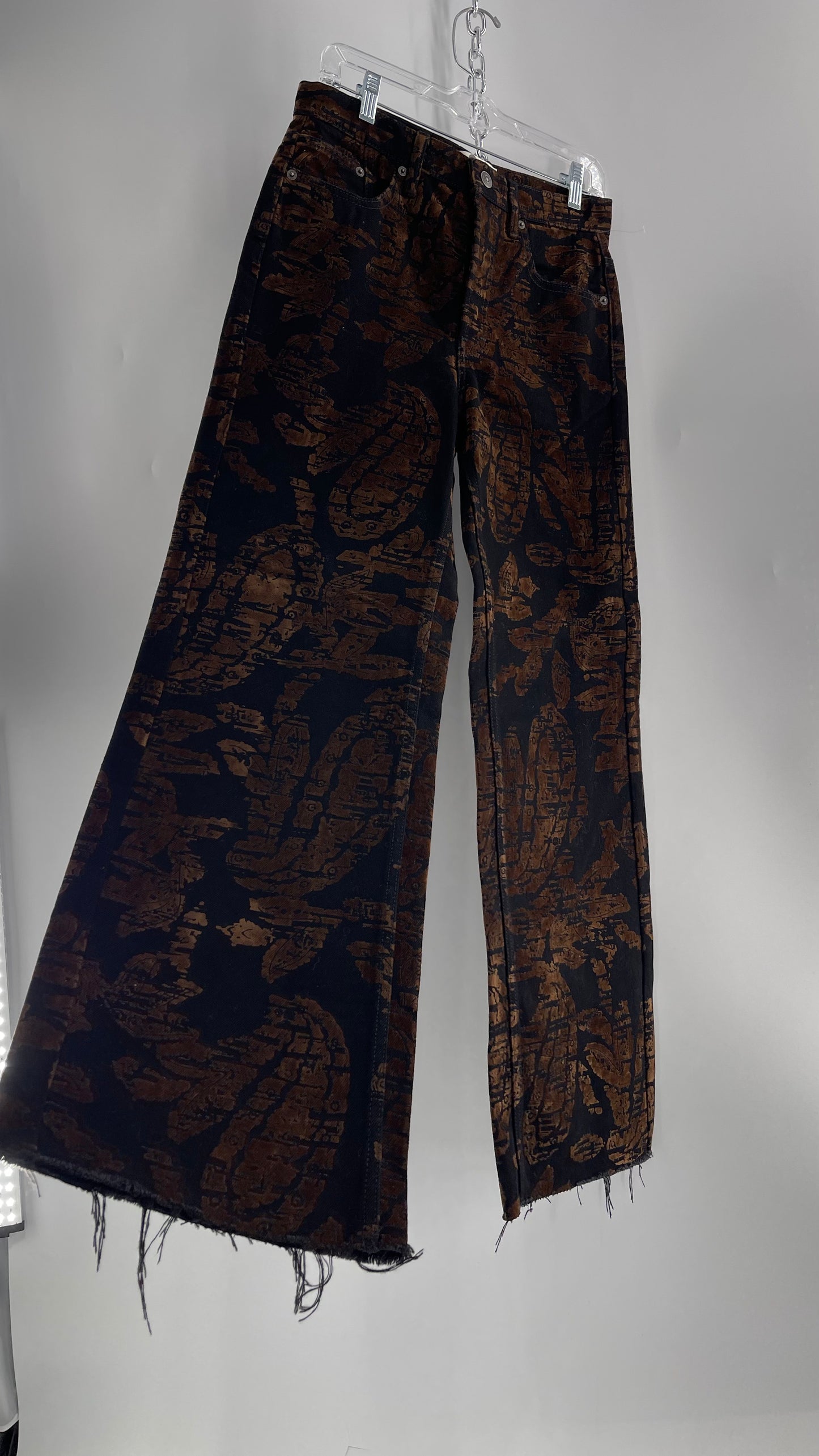 Free People Black/Brown Velvet Texture Graphic Straight Legs with Raw Edge Hem and Tags Attached (28)