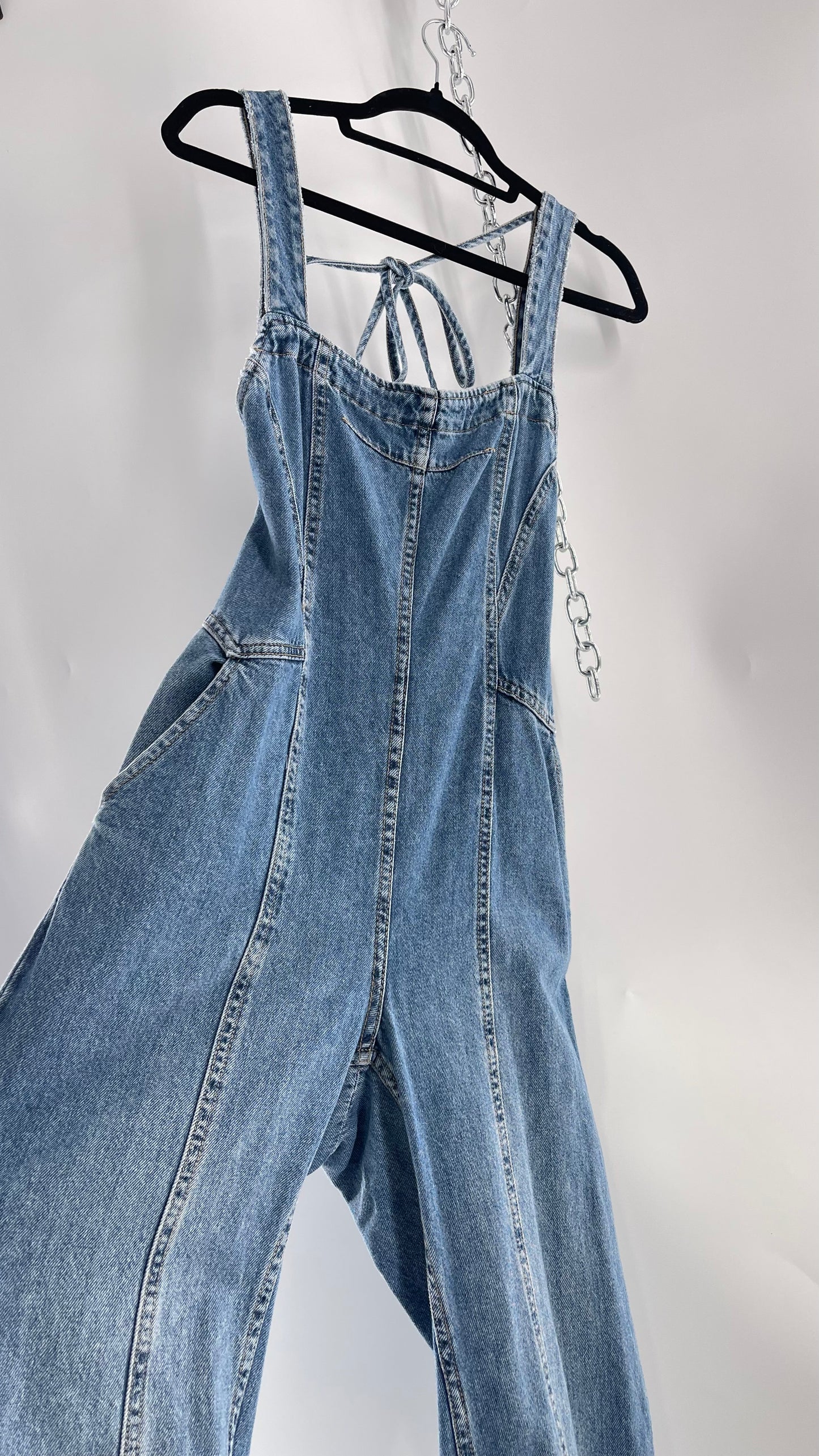 Free People Denim Backless Wide Leg Jumpsuit with Tags Attached (Small)
