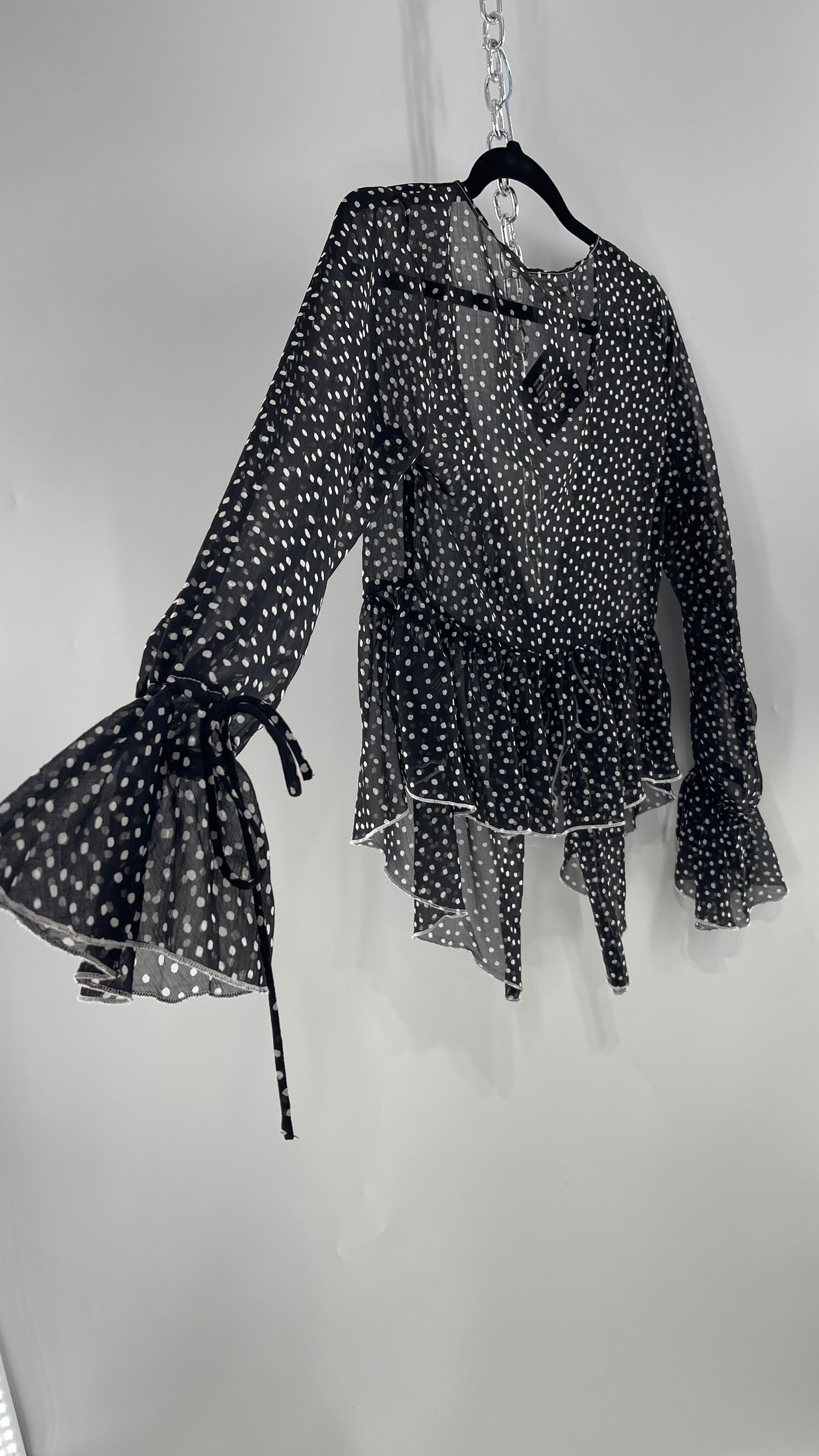 Urban Outfitters Black and White Polka Dot Tie Front Blouse with Tie Sleeve Detail (Small)