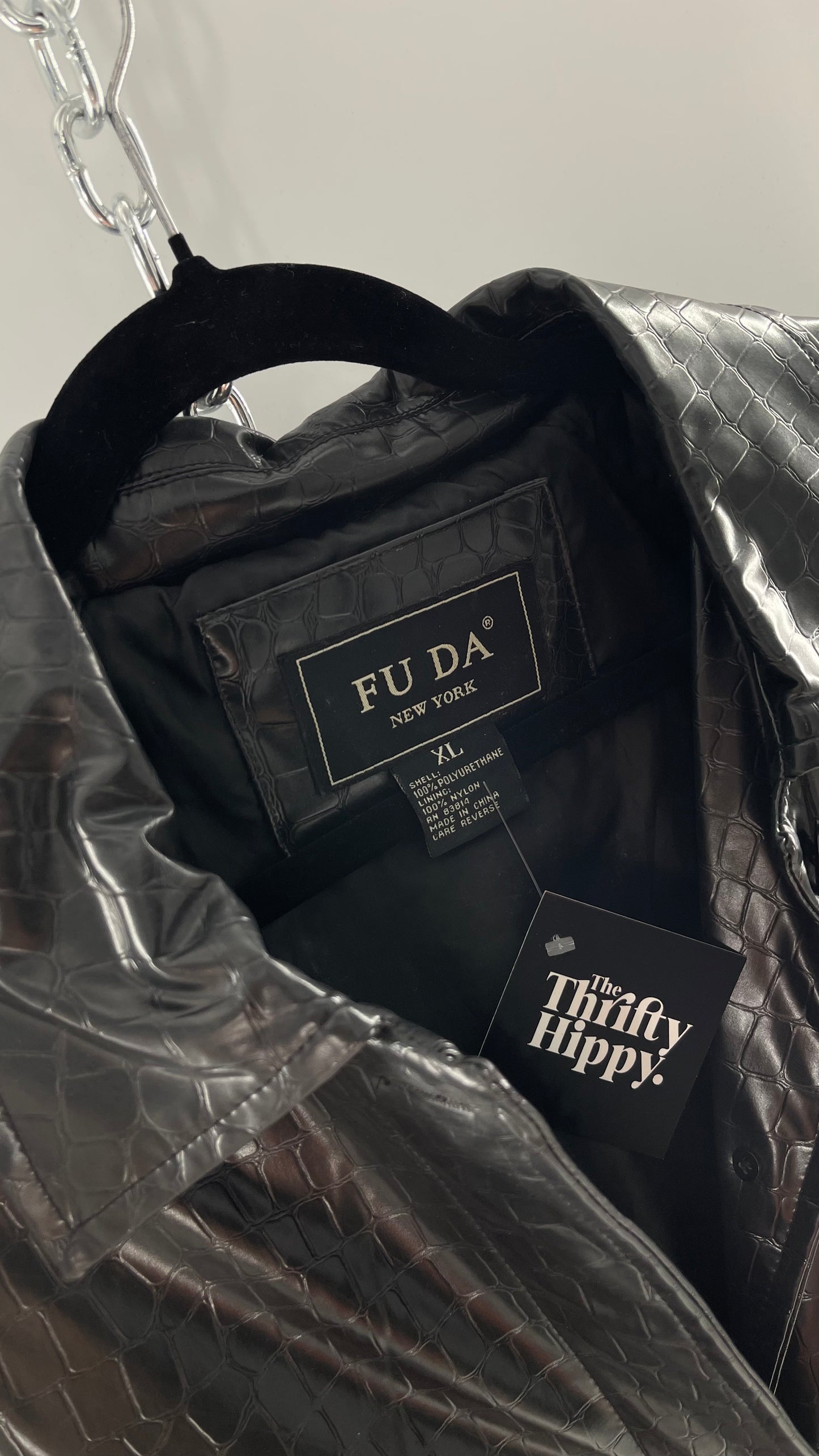 FU DA NEW YORK Black Crocodile Embossed Coat (C) (XL)