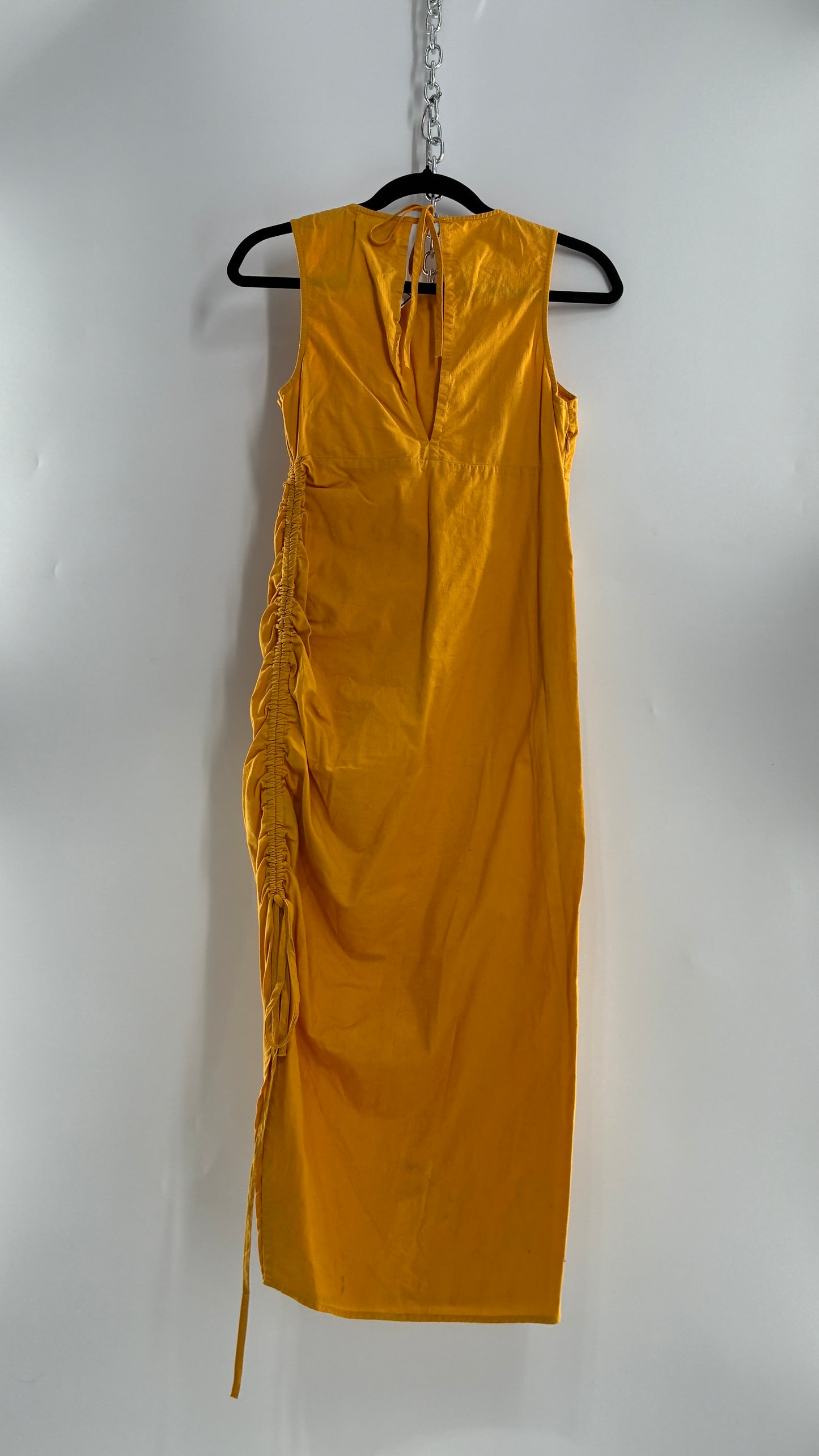 Urban Outfitters Mustard Yellow Cotton Ruche Side Slit Midi Dress (XS)