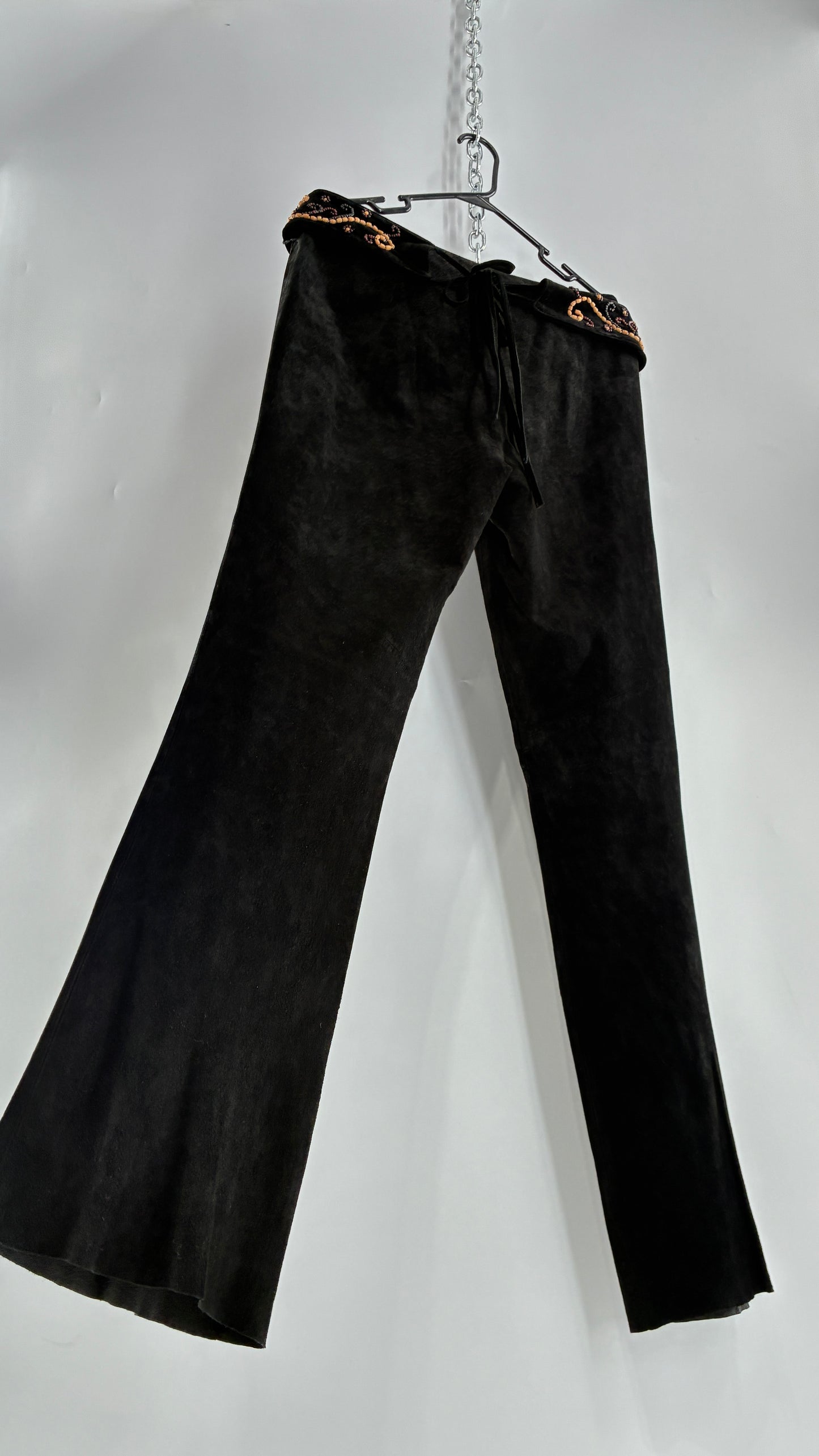 Vintage Margaret Godfrey Black Genuine Suede Leather Kick Flares with Wide Beaded Belt (10)