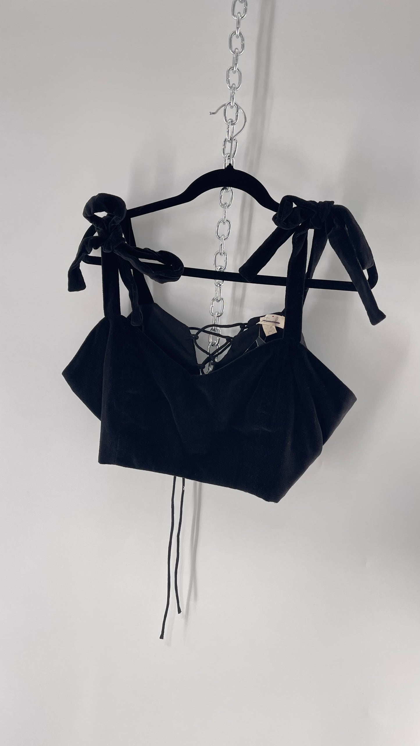 Letmebe Anthropologie Black Velvet Cropped Tank with Delicate, Romantic Tie Shoulders and Lace Up Back (XL)
