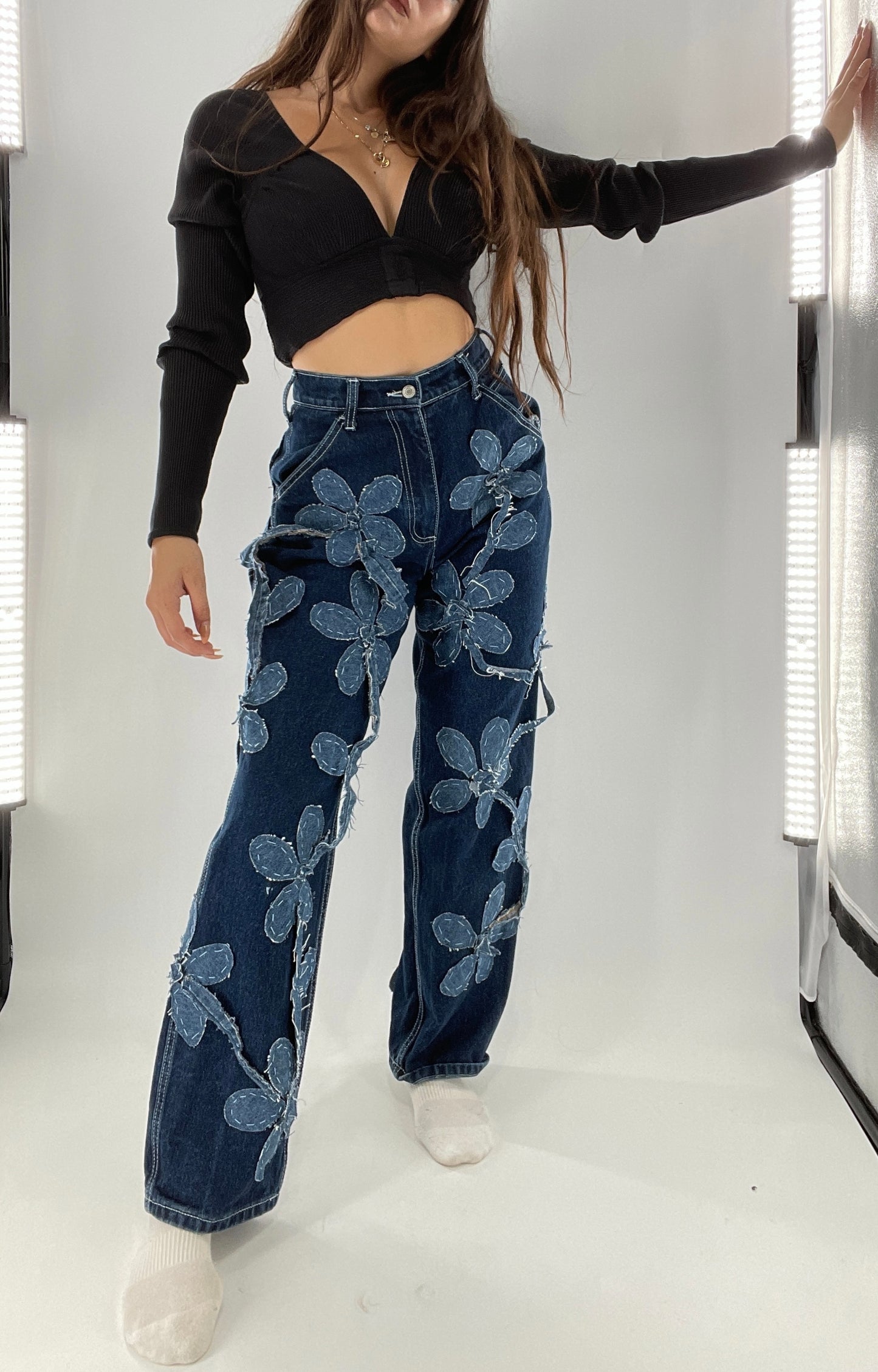 Handmade CUSTOM Dual Denim Tone Floral Vine Cargo Denims (S)
