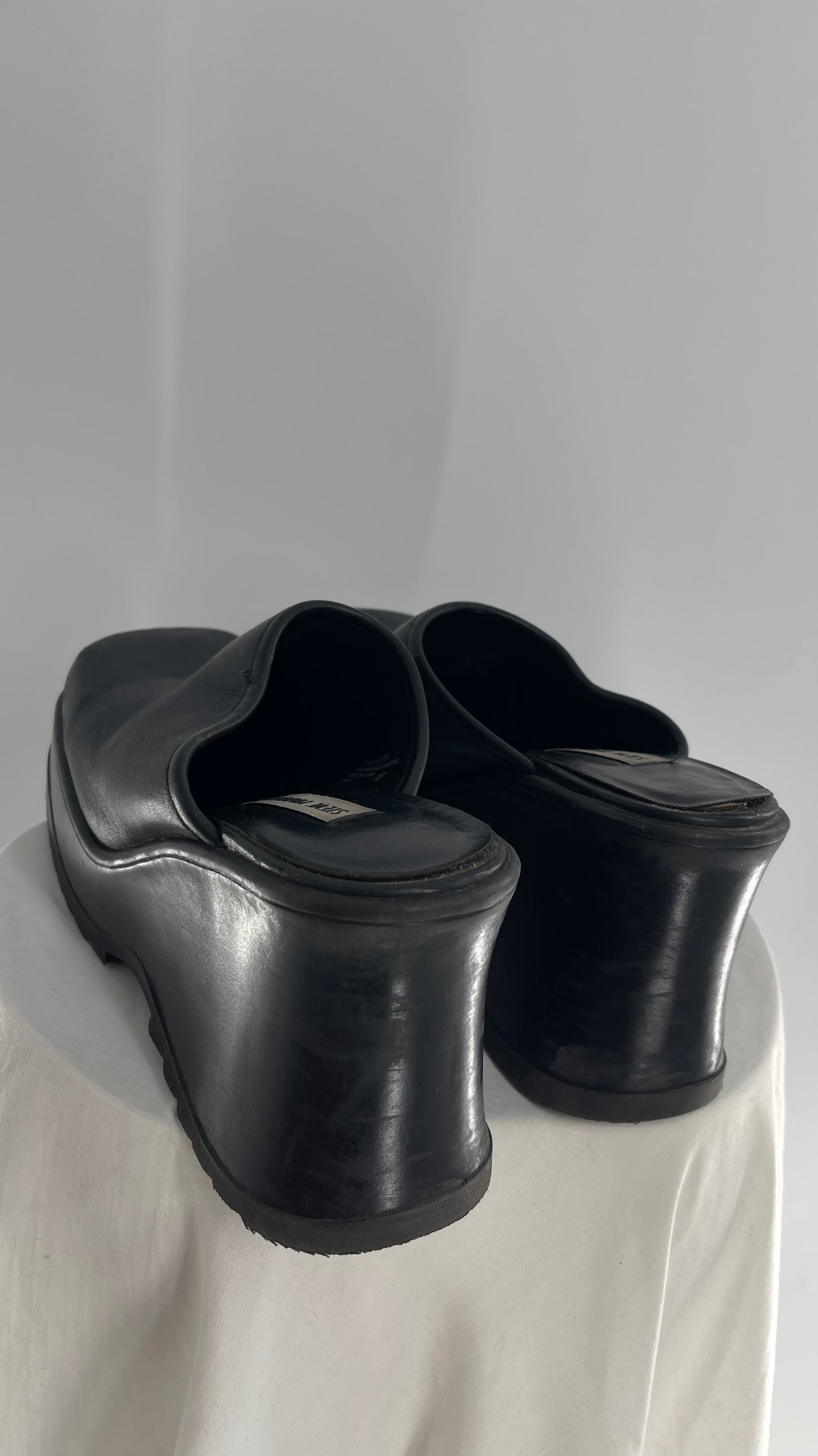 STEVE MADDEN Rare Black Leather Chunky Platform Wedge Clog (10)
