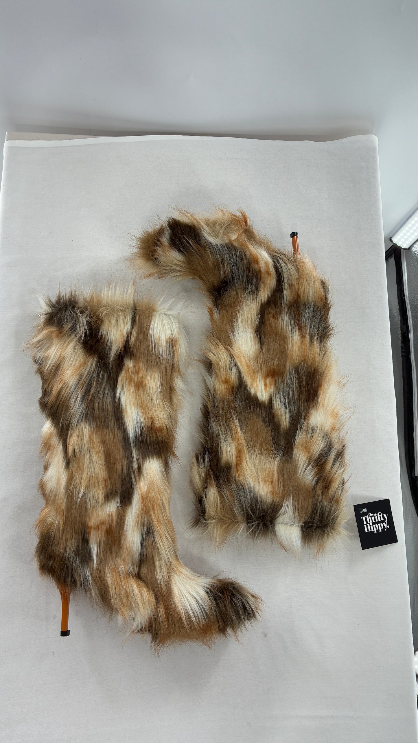 Vintage Mixed Tone Vegan Fur, Knee High, Pointed Toe Boots (43)