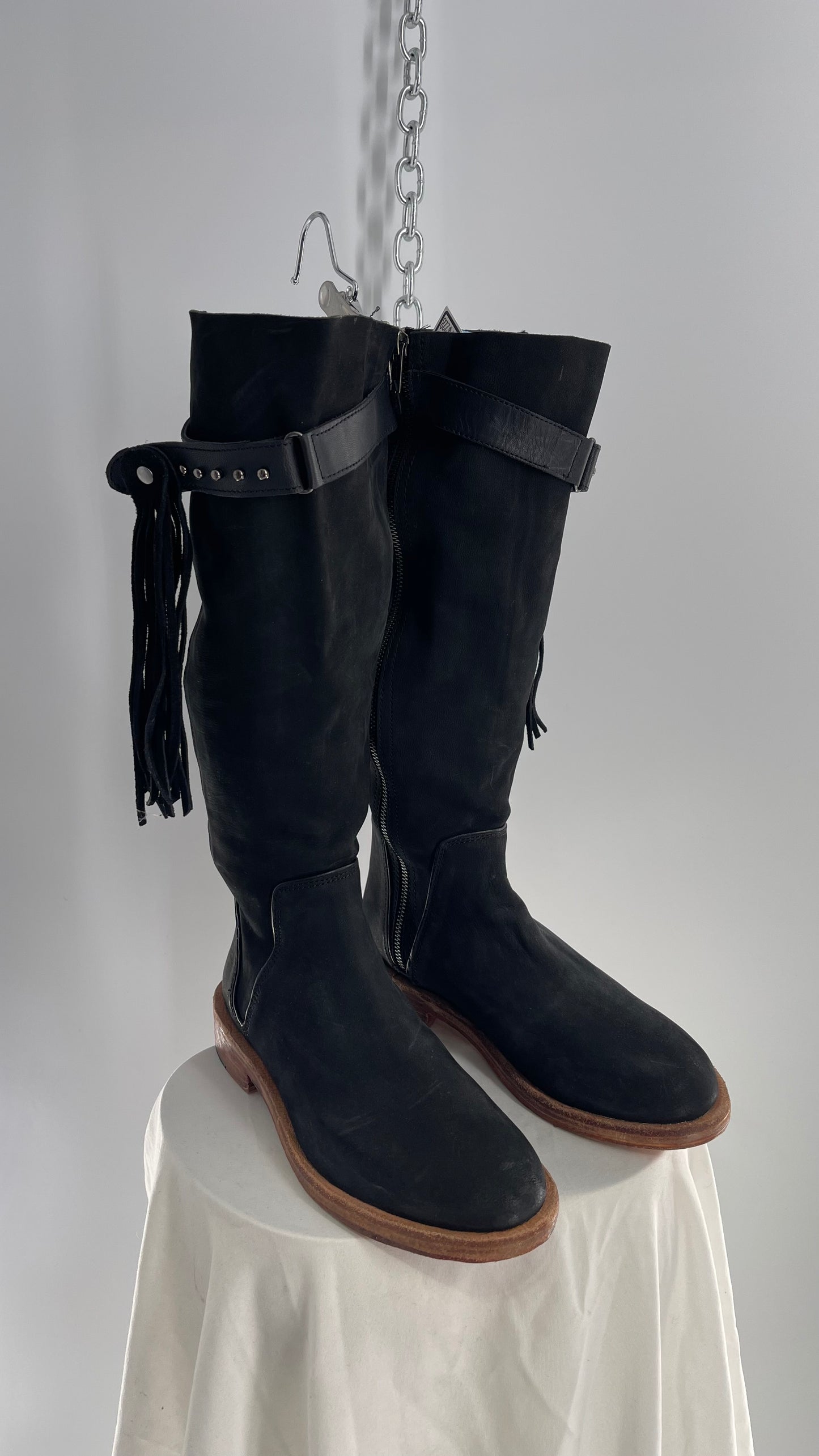 Free People Sayre Banks Slouchy Black Suede Leather Knee High Tassel Side Buckle Boot (38)