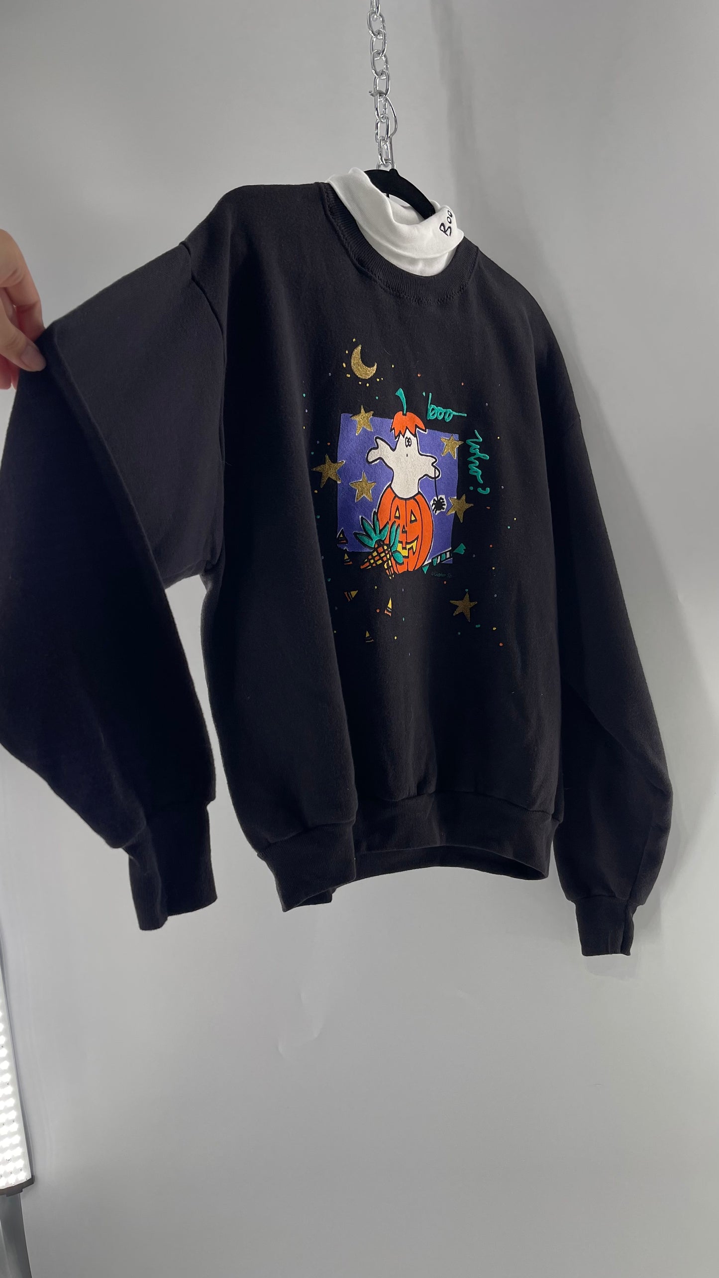 Vintage Black Halloween Graphic Crewneck with White Turtleneck Detail and Boo Embroidery (Large)