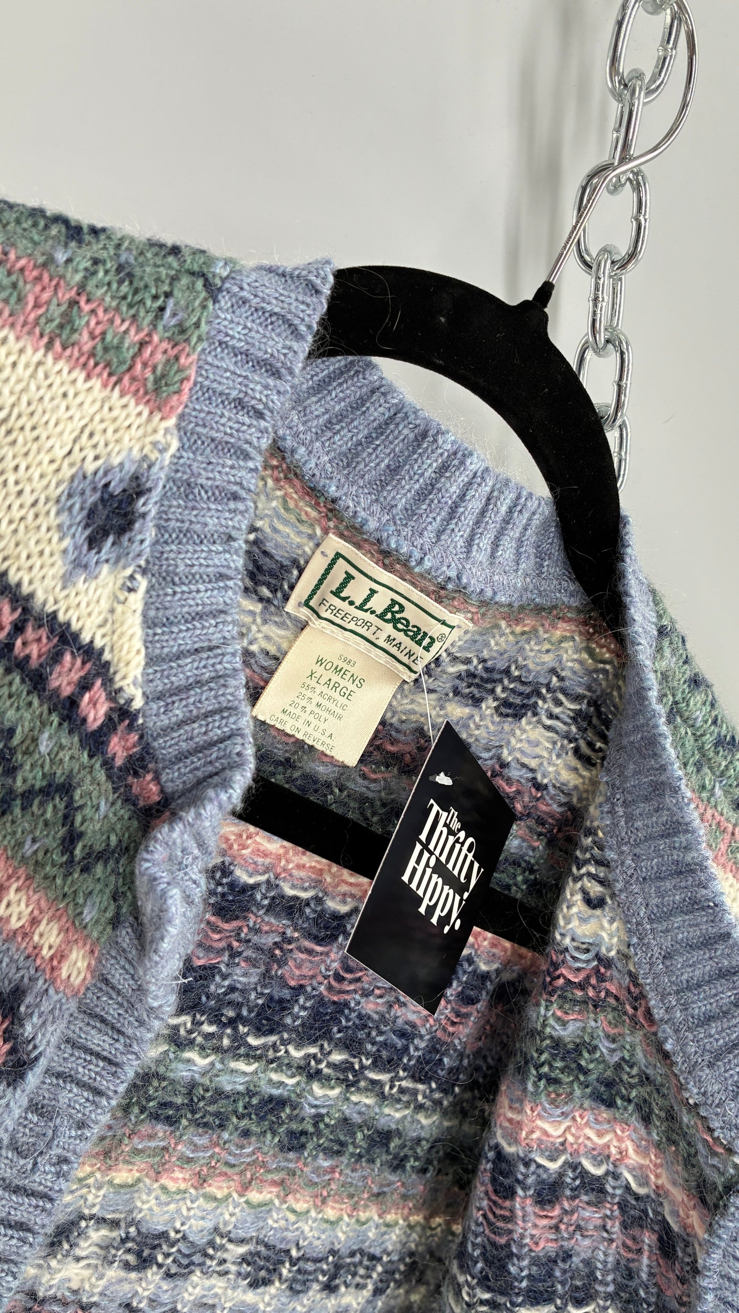 Vintage LL Bean 25% Mohair Striped Knit Blue Green Pink Cardigan (XL)