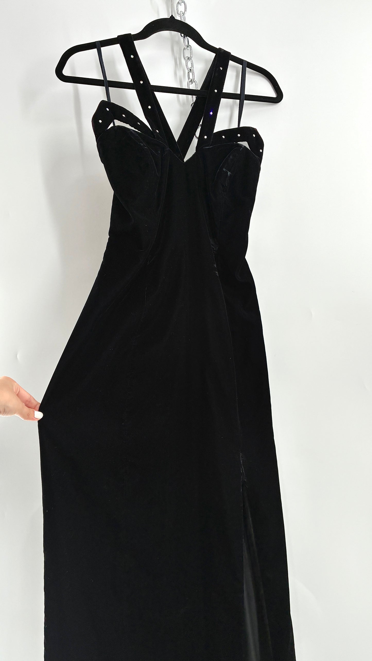 Vintage Handmade Velvet Gown with Pointed Bust Lined in Rhinestones and Dramatic Side Slit (S/M)