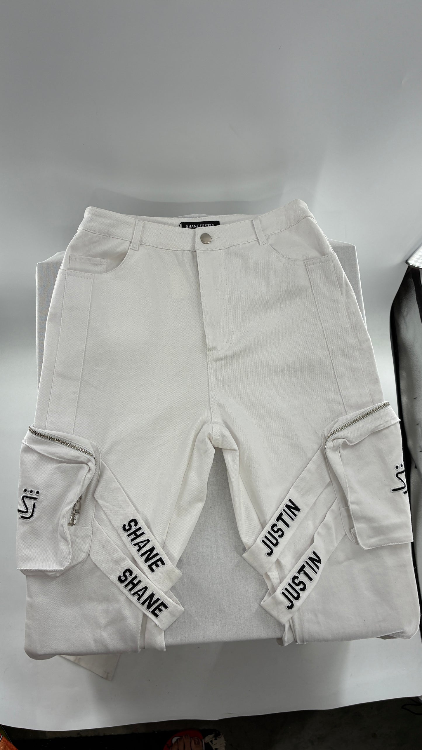 Designer SHANE JUSTIN White Stacked Extendo Cargo Pants with Embroidered Logo Pants and Tags Attached (Small)