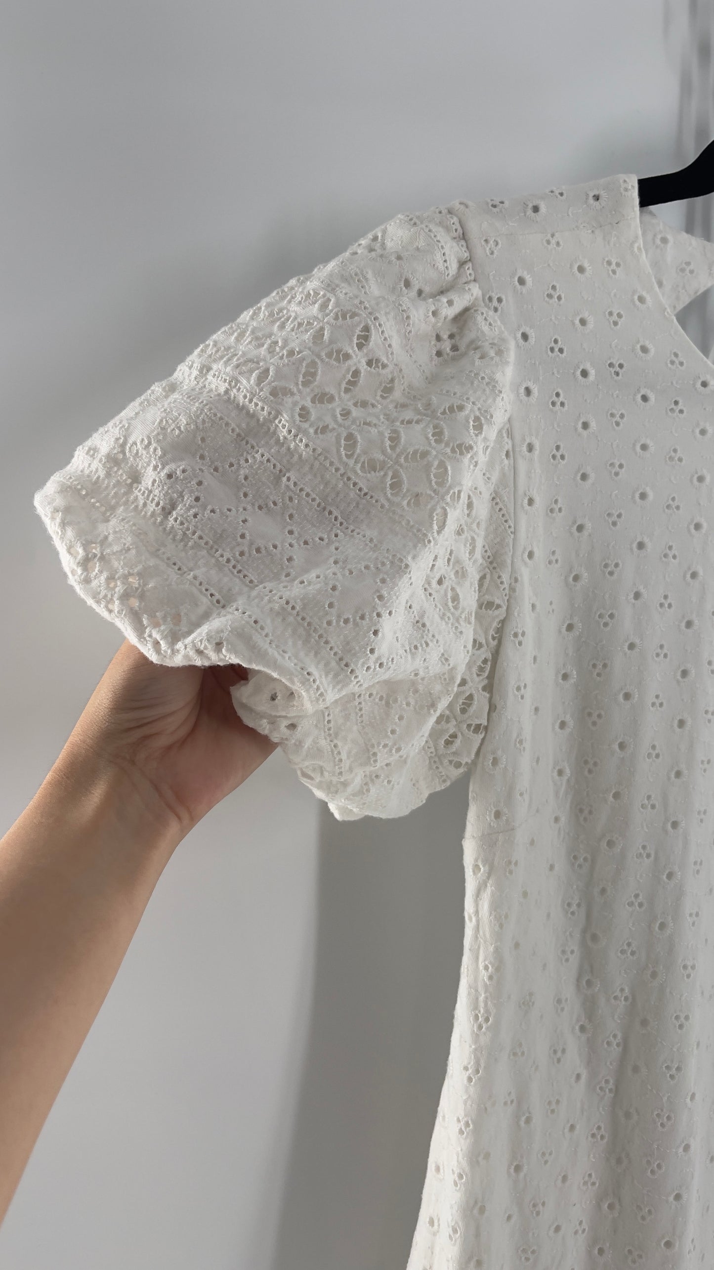 Free People White Eyelet Mini Dress with Puff Sleeve and Open Back (XS)