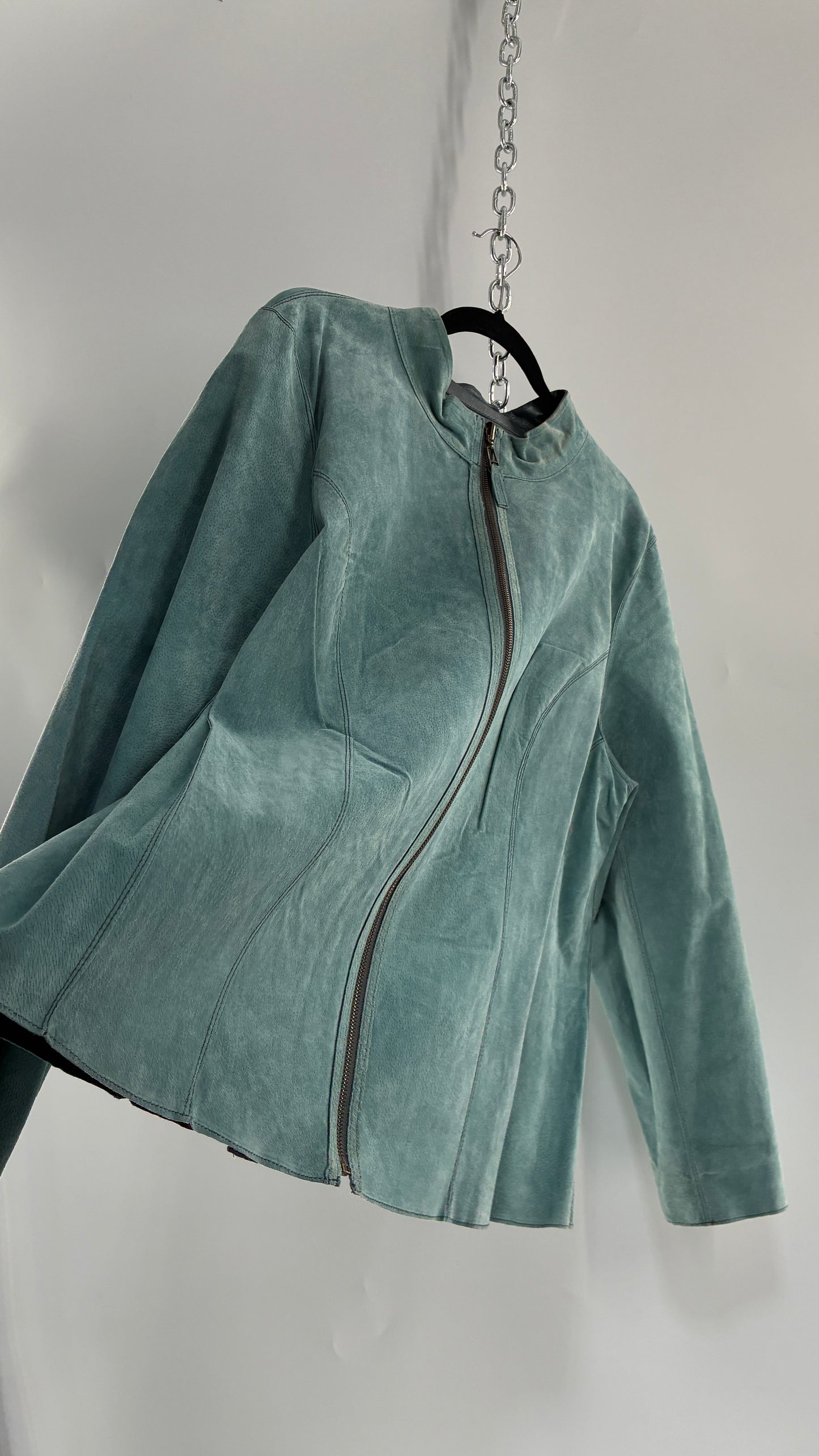 Vintage 1990s Metallic Blue Genuine Leather and Suede Reversible Thin, Zip Up Moto Jacket (XXL)