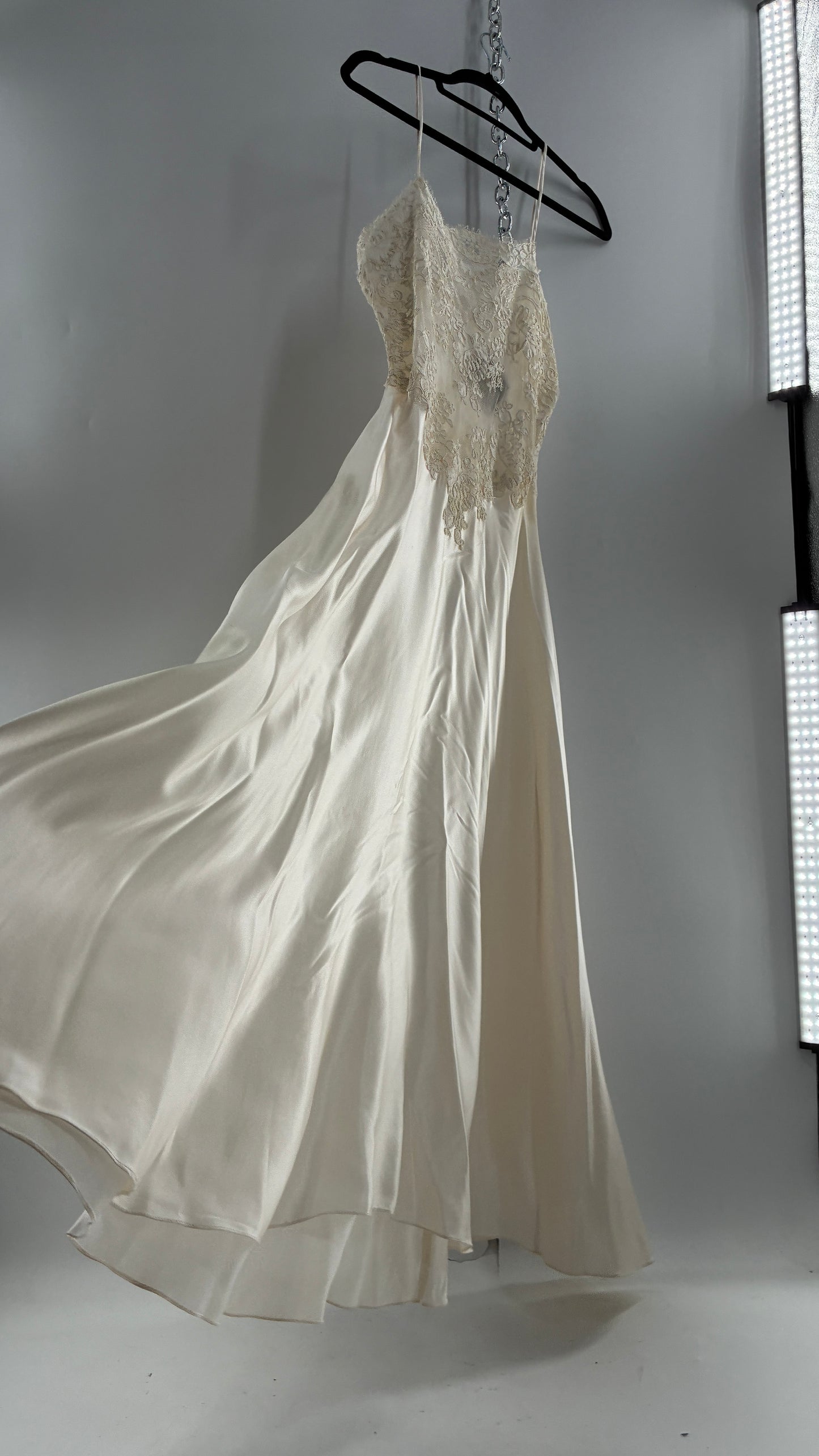 Vintage JONQUIL 100% Silk Gown with Heavy Lace Appliqués and Low Cut Sheer Back (Medium)