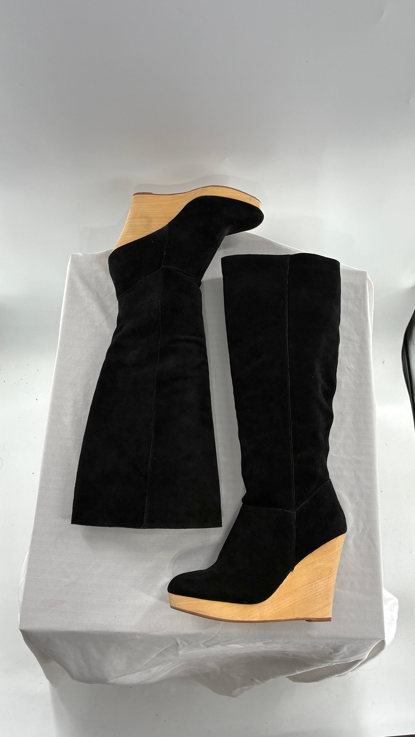 Vintage Black Genuine Suede Leather Knee High Boots with Skinny Wooden Wedge Heel (9)