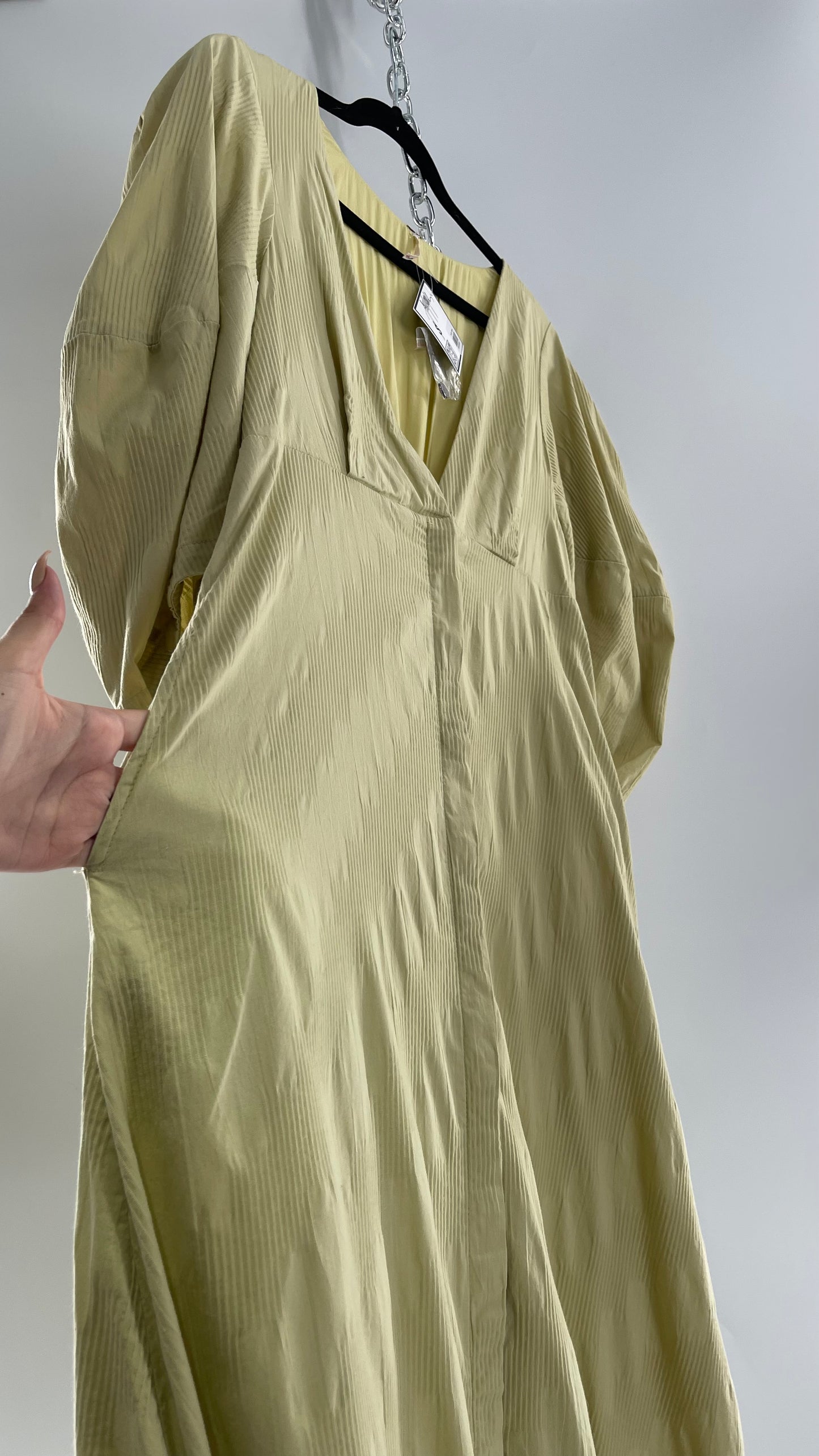 Free People Sage Green Textured Hidden Wooden Button Front Maxi with Back Pleating (Small)