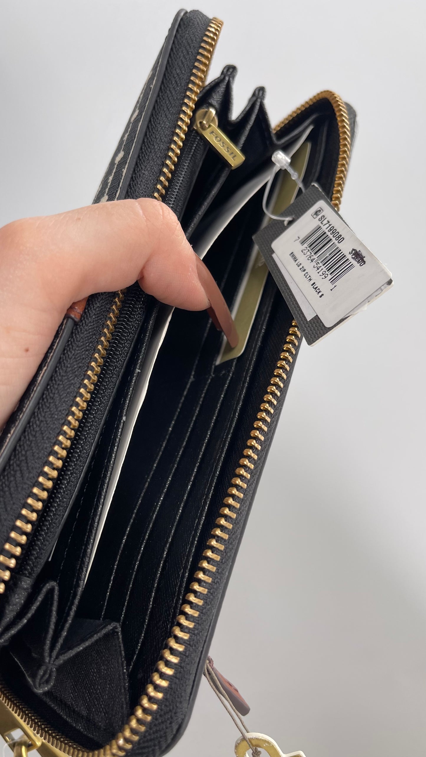 Fossil Black Patterned RFID Protected Wallet with Tags Attached