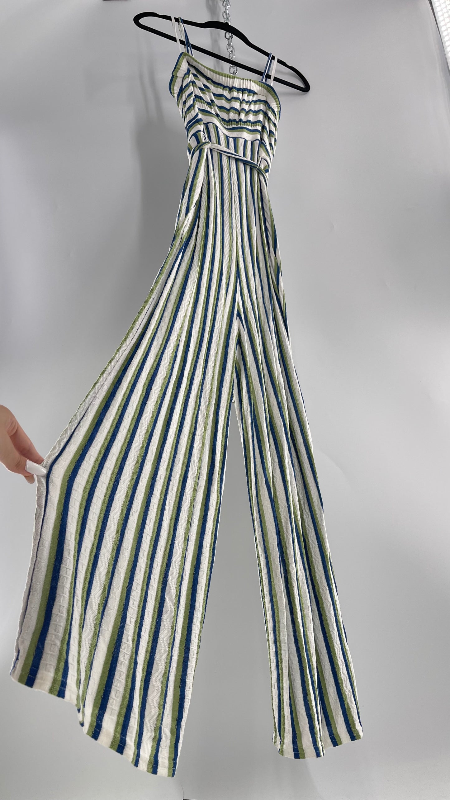 Maeve Anthropologie Woven Green/Blue/White Wide Leg Jumpsuit (Small)
