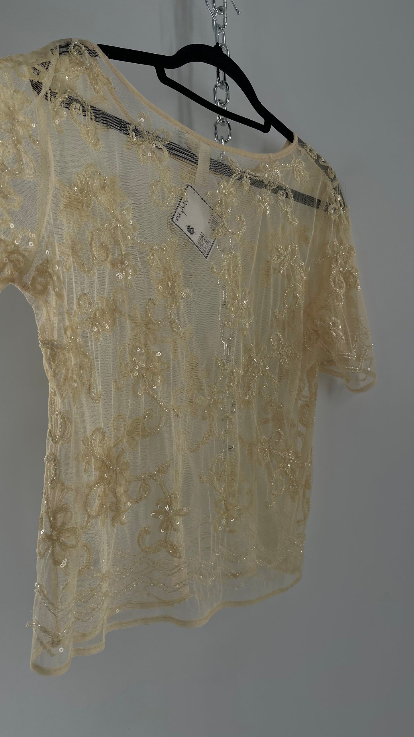 Vintage Forever 21 Baby Yellow Beaded Mesh T Shirt (Large)