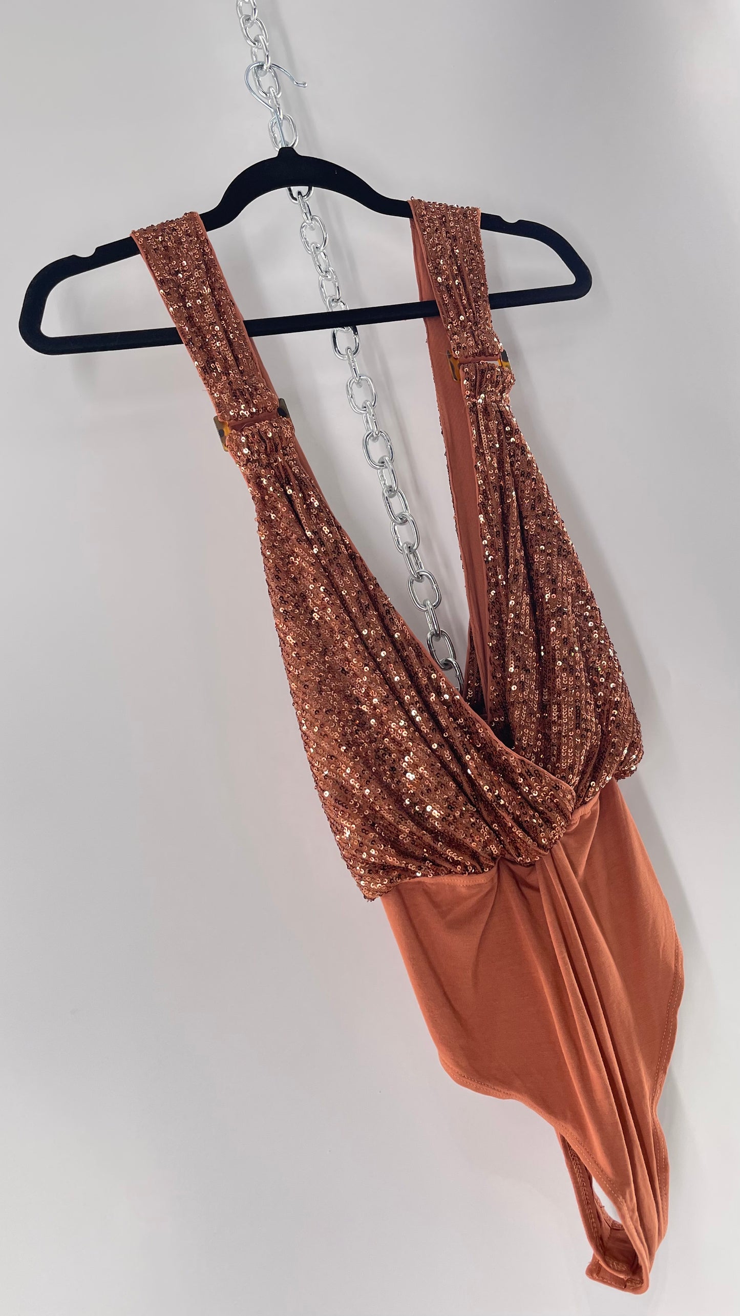Free People Copper Sequin Draping Bodysuit with Tortoise Shell Buckle Detail (Medium)