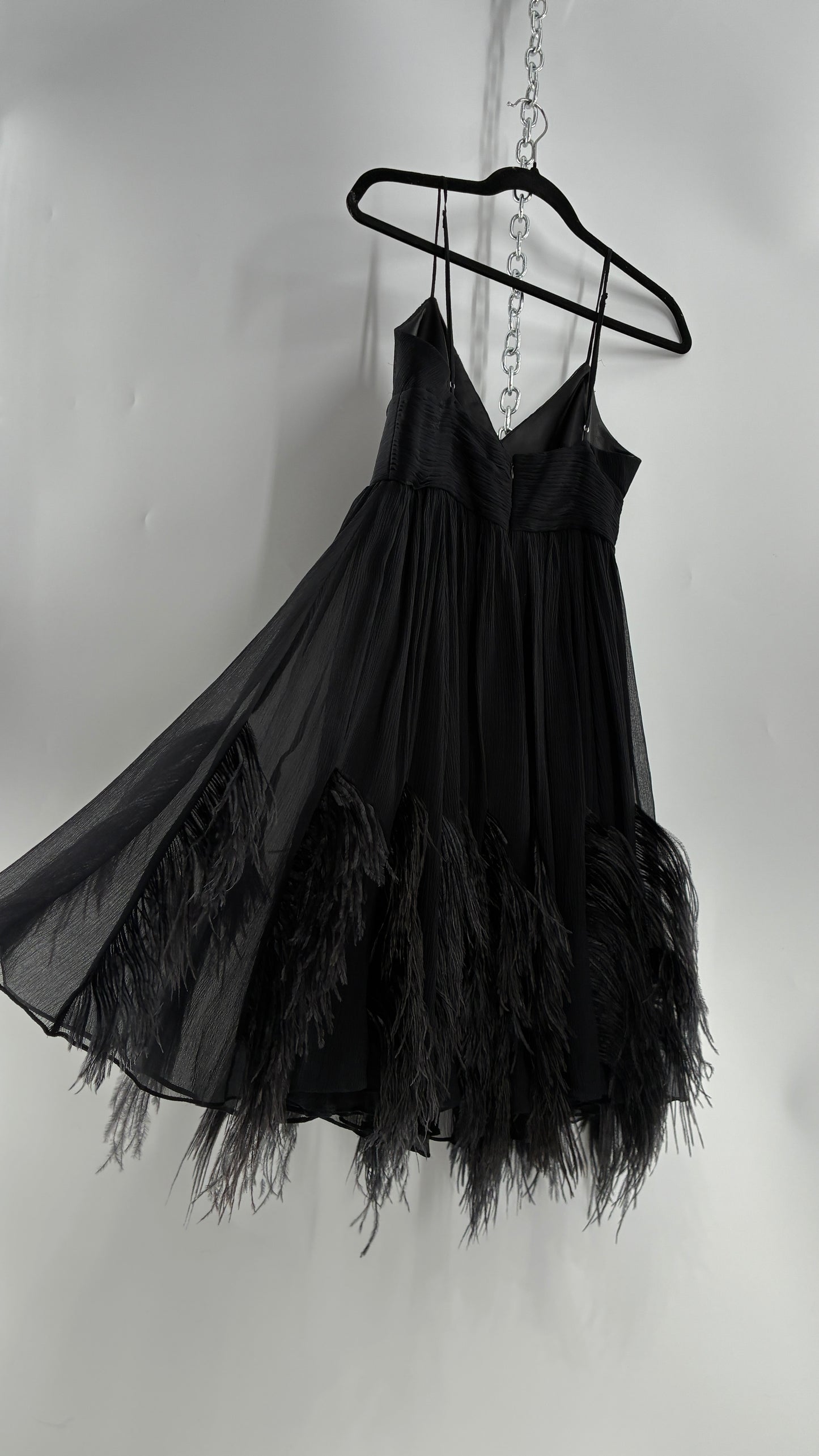 Vintage BCBGMAXAZRIA Crimped Black Dress with Ostrich Feather Details (6)