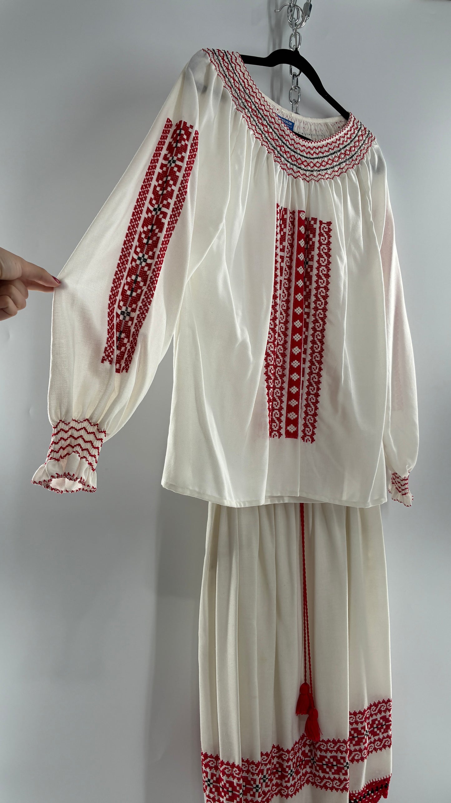 Vintage 1970s LUX FOLKLOR Budapest Handmade Cotton Long Sleeve and Skirt Covered in Red Embroidery and Stitching