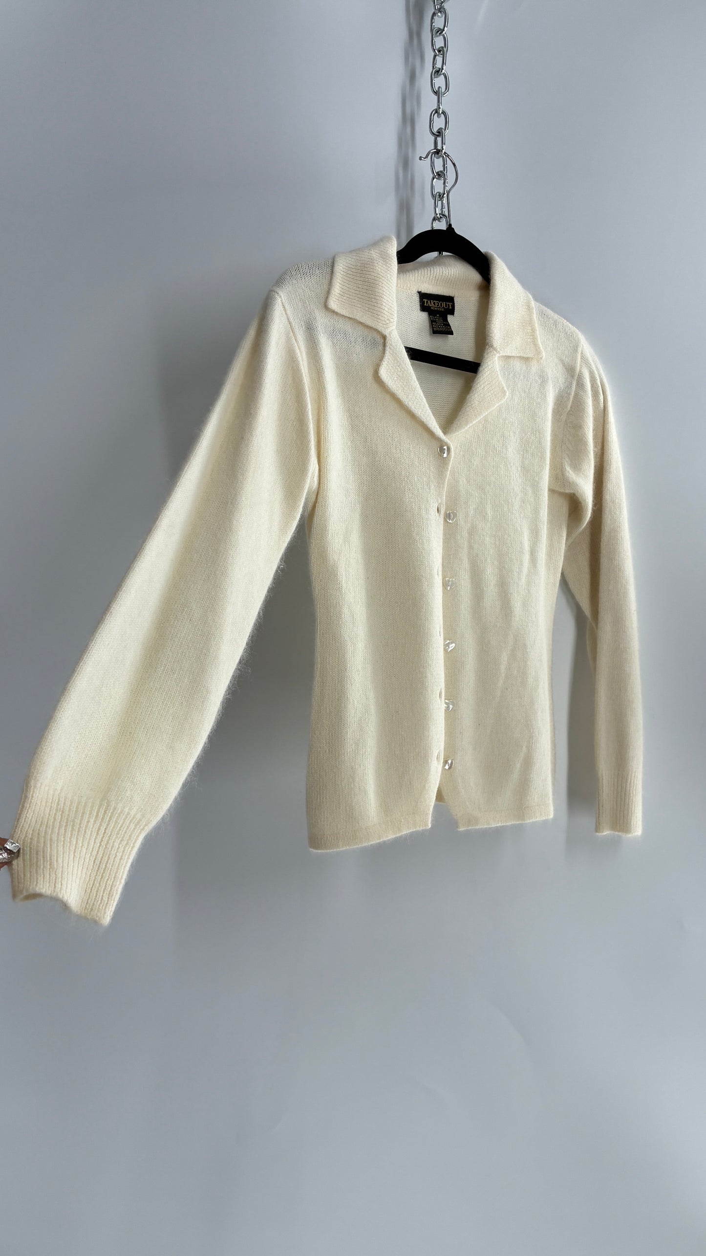 Vintage TAKEOUT Angora Rabbit Fur Blend White Cardigan (Medium)