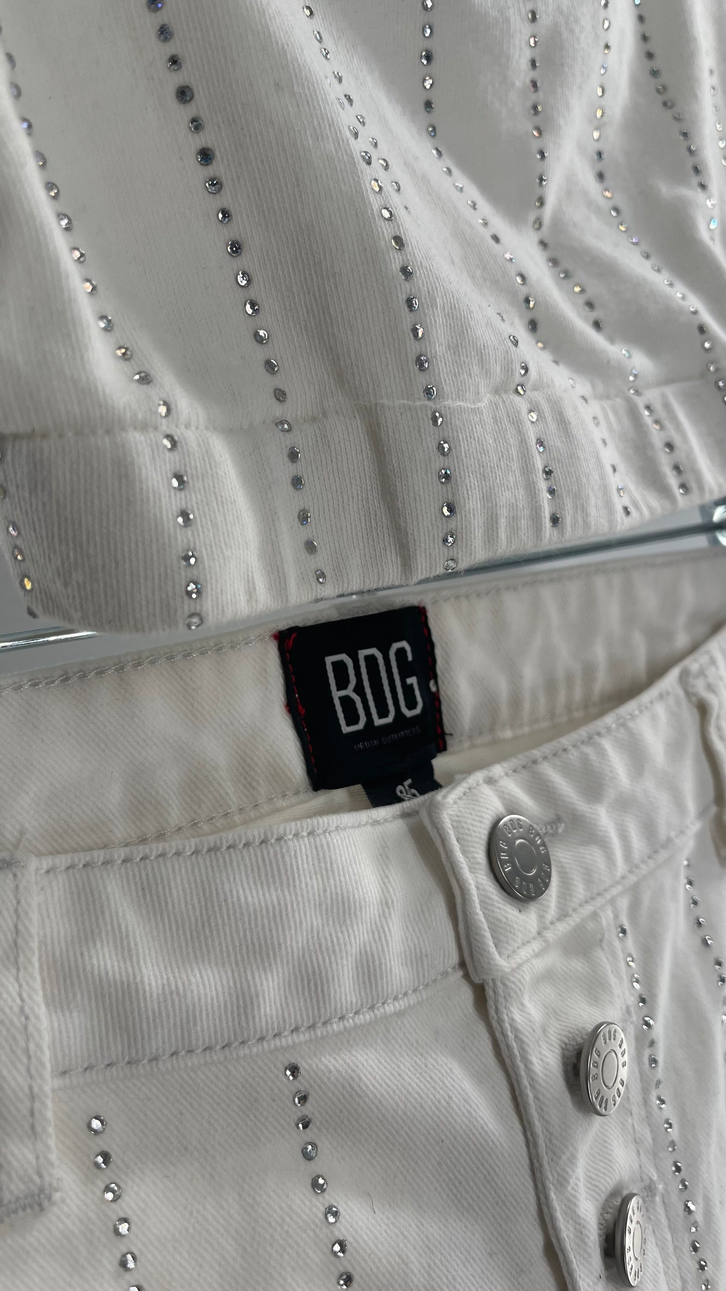 BDG White Jeans (S) With Rhinestones and Sleeveless Cropped White Top With Rhinestones Set (S)