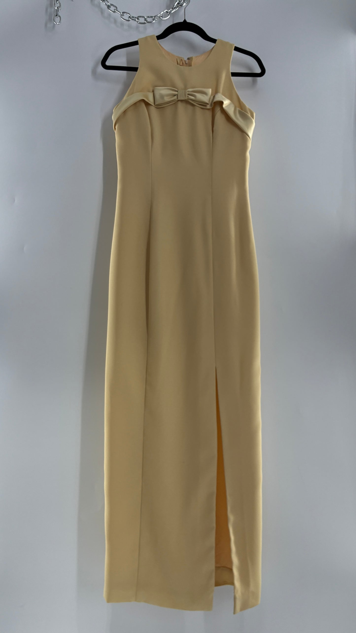 Vintage ALYCE’S Baby Yellow High Neck Satin Bow Bust, Side Slit, Button Back Gown (Measured)
