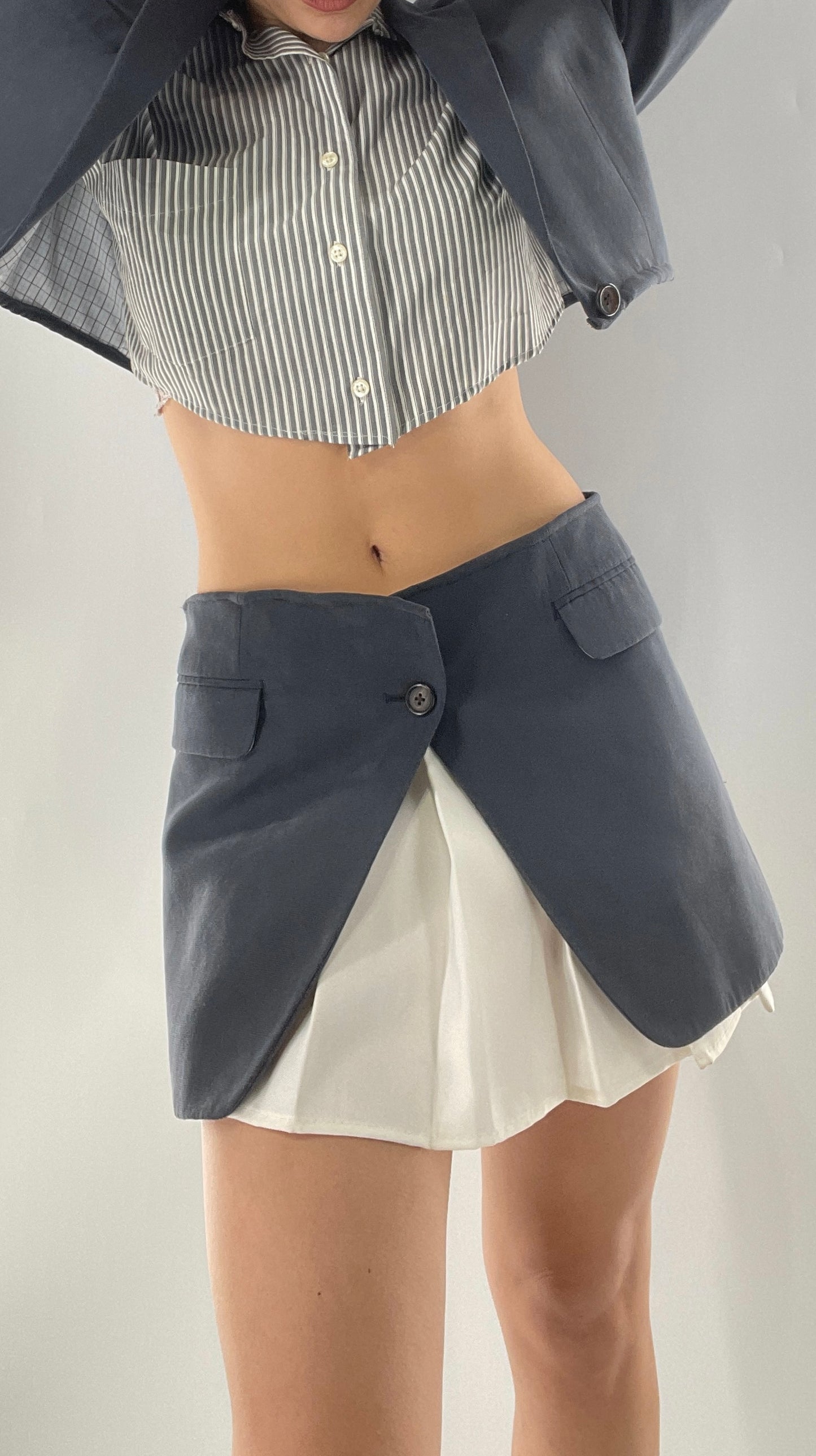 Vintage Reworked Button Front Backless Grey Blue Striped Blouse (One Size)