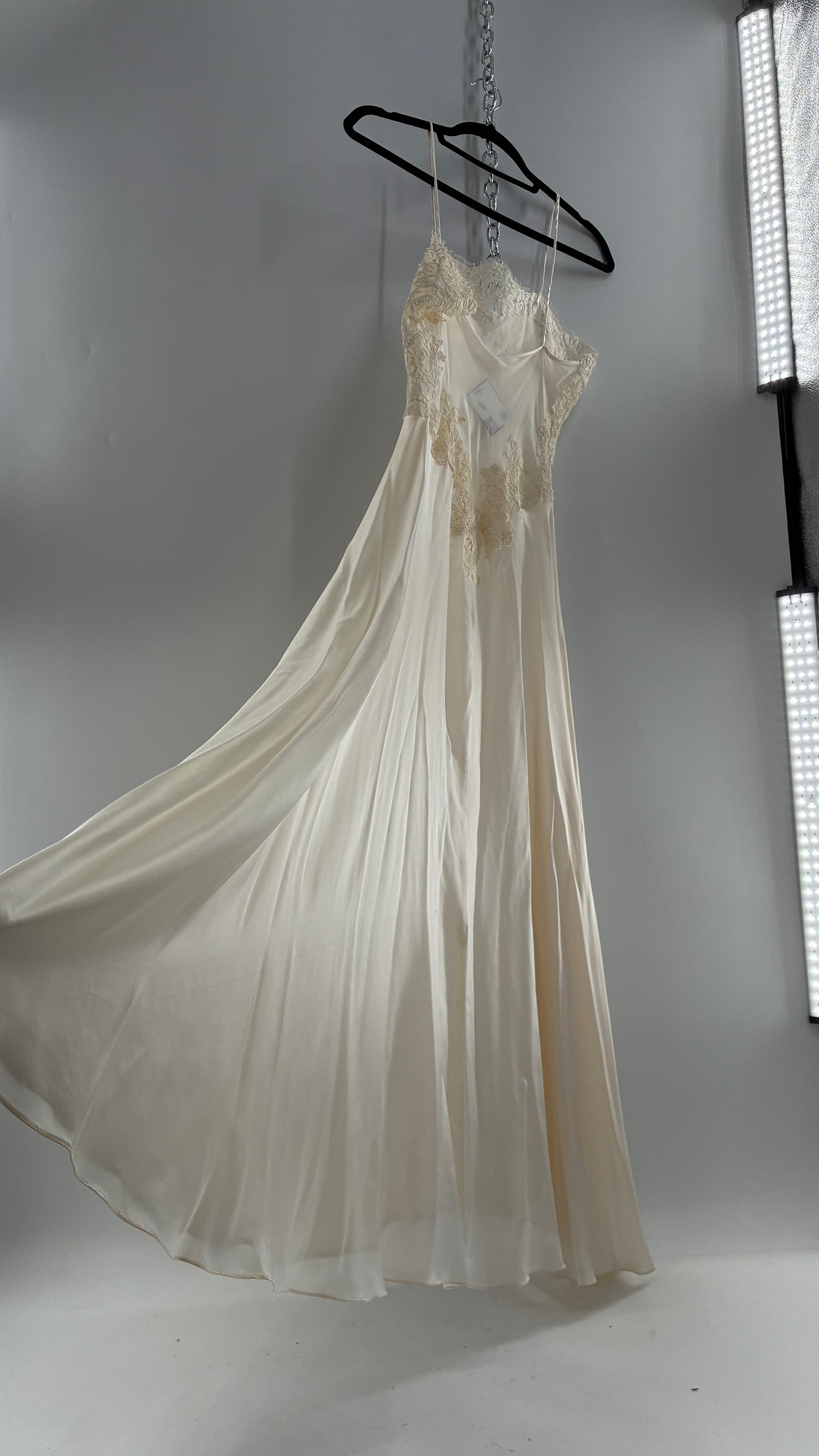 Vintage JONQUIL 100% Silk Gown with Heavy Lace Appliqués and Low Cut Sheer Back (Medium)