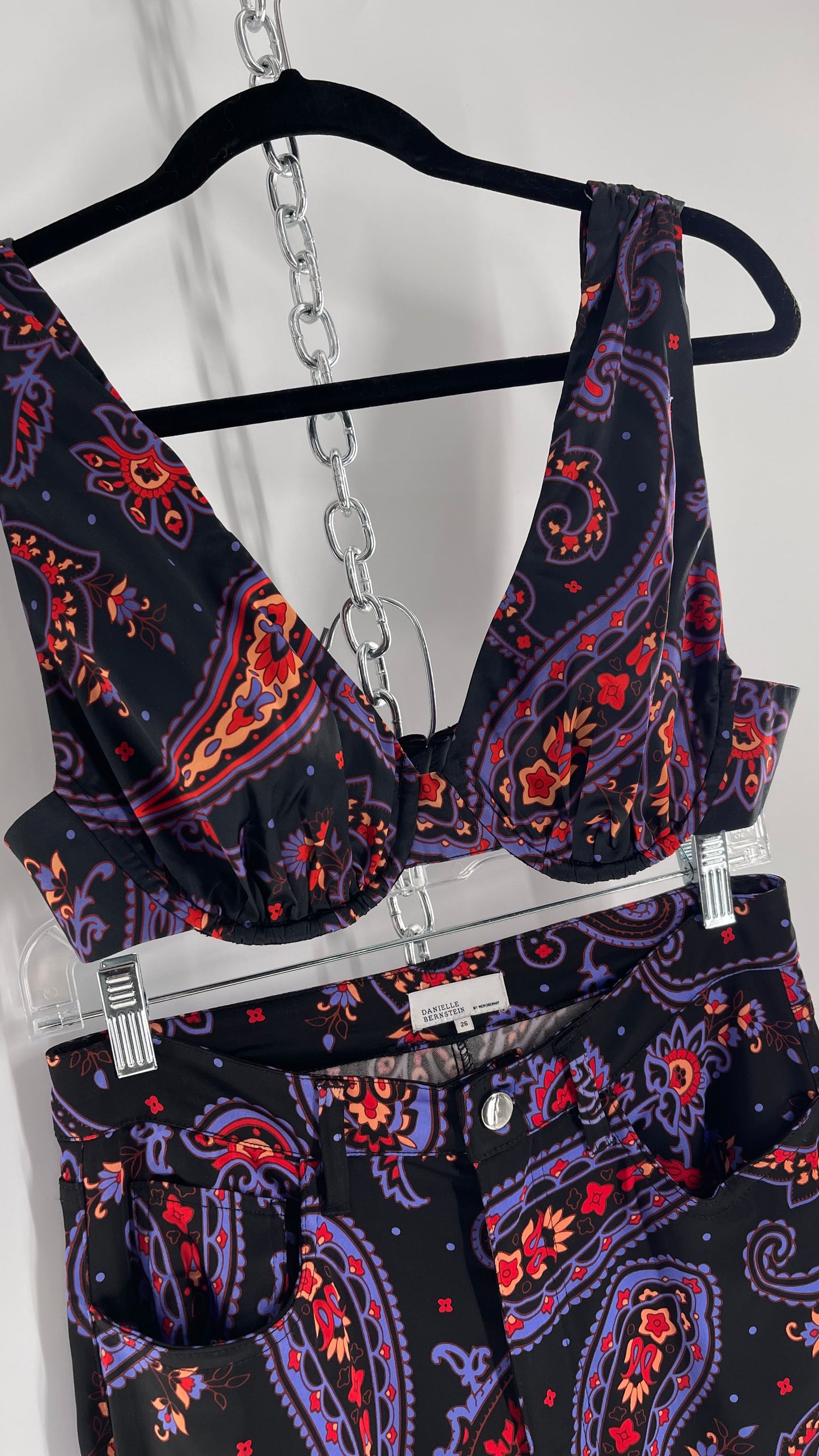 Danielle Bernstein Satin Paisley Underwire Festival Top and Kickflare 2pc Set (Small)