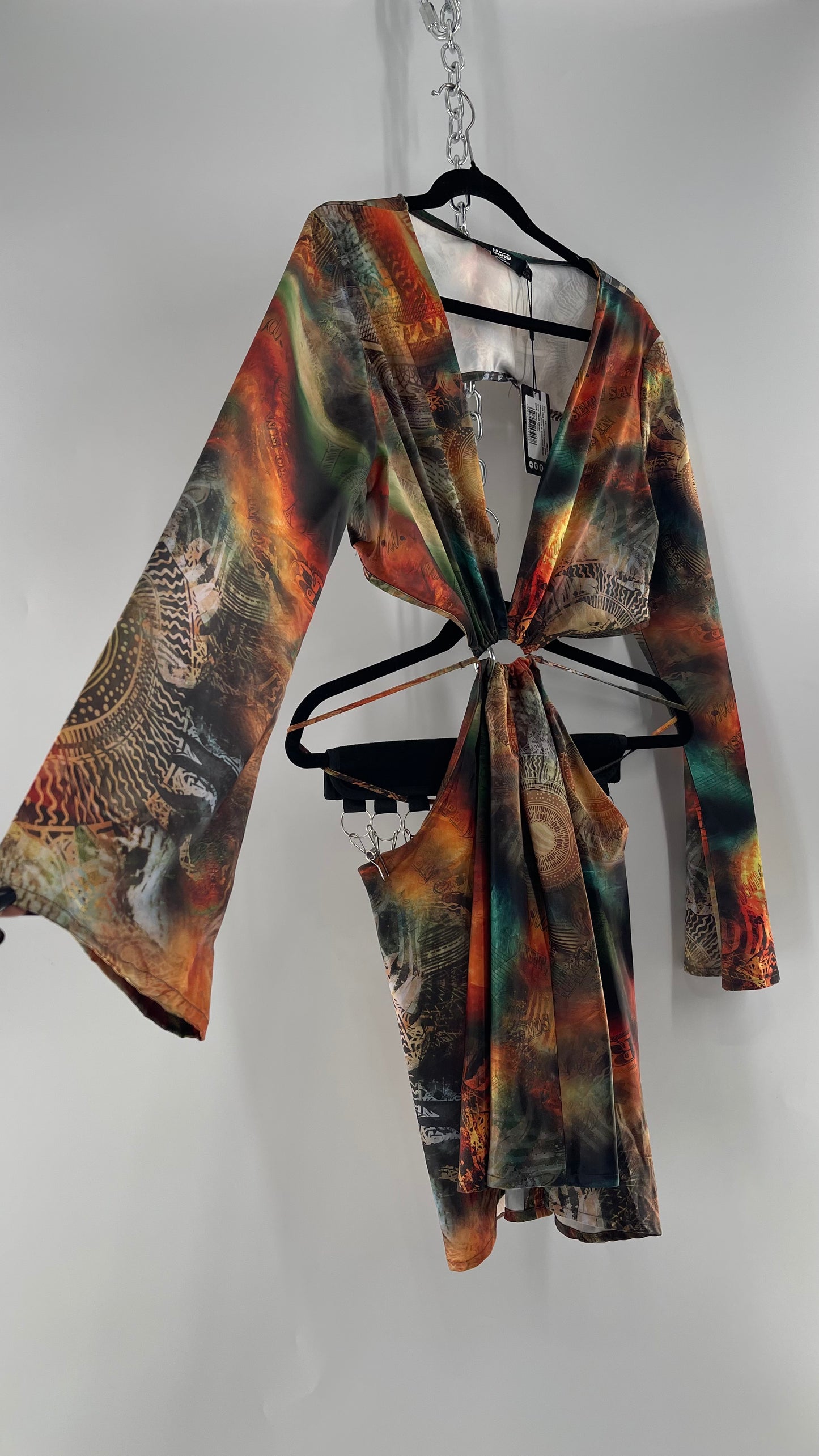 Jaded London Graphic Green, Orange, Yellow Dress with Bell Sleeves, Cut Out Waist and Straps (10)