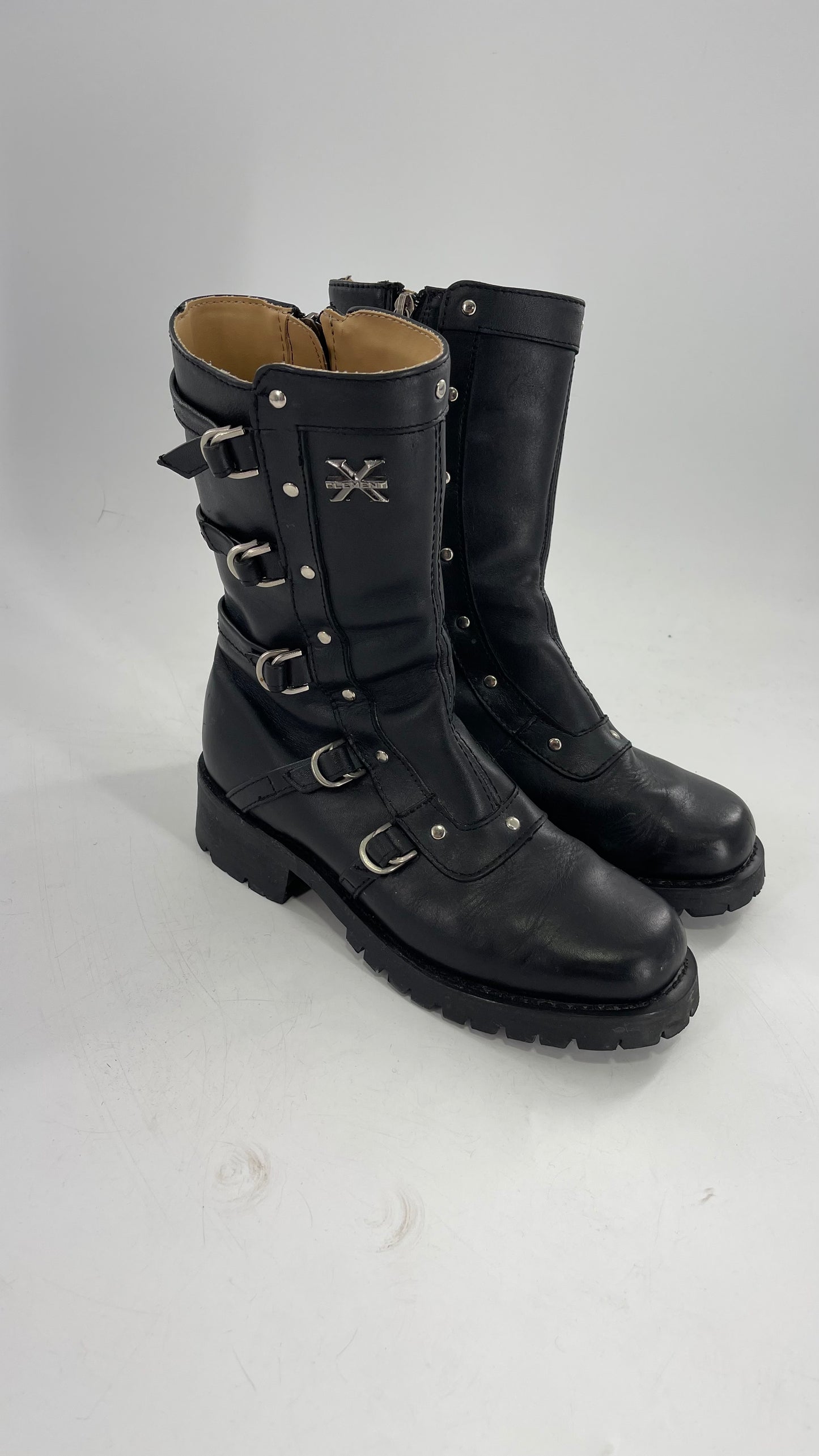 Vintage 1990s XELEMENT Buckle Side Genuine Leather Steam Punk Boots (Women’s 8.5)