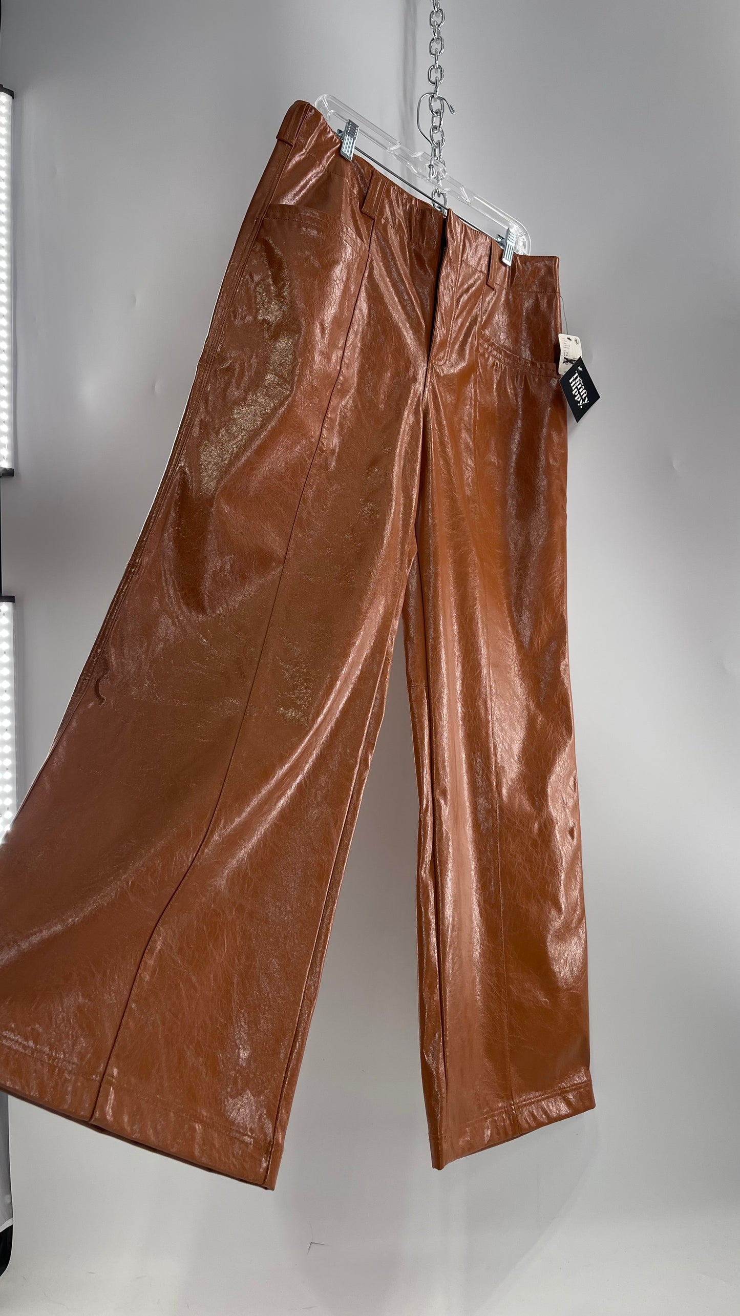 Free People Star Cross Lovers Cognac Brown Vegan Faux Leather Wide Leg Baggy Trouser(12)