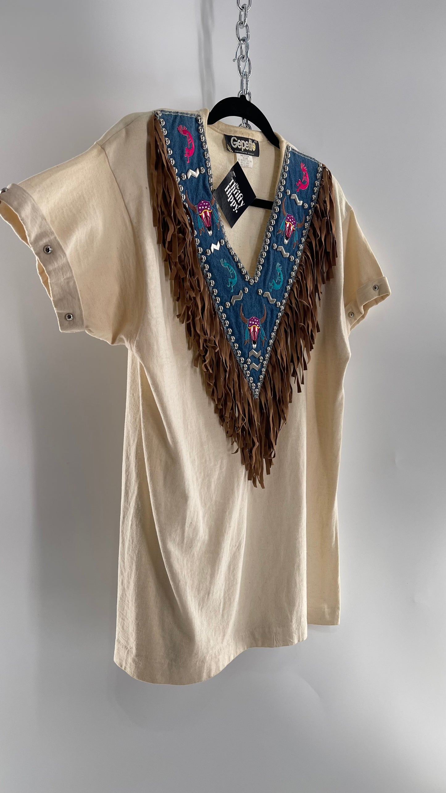 Vintage 1980s GEPETTO Off White Rodeo Western T Shirt with Denim Lined V Neck, Faux Leather Fringe Detail, Embroidery, and Heavy Duty Studs