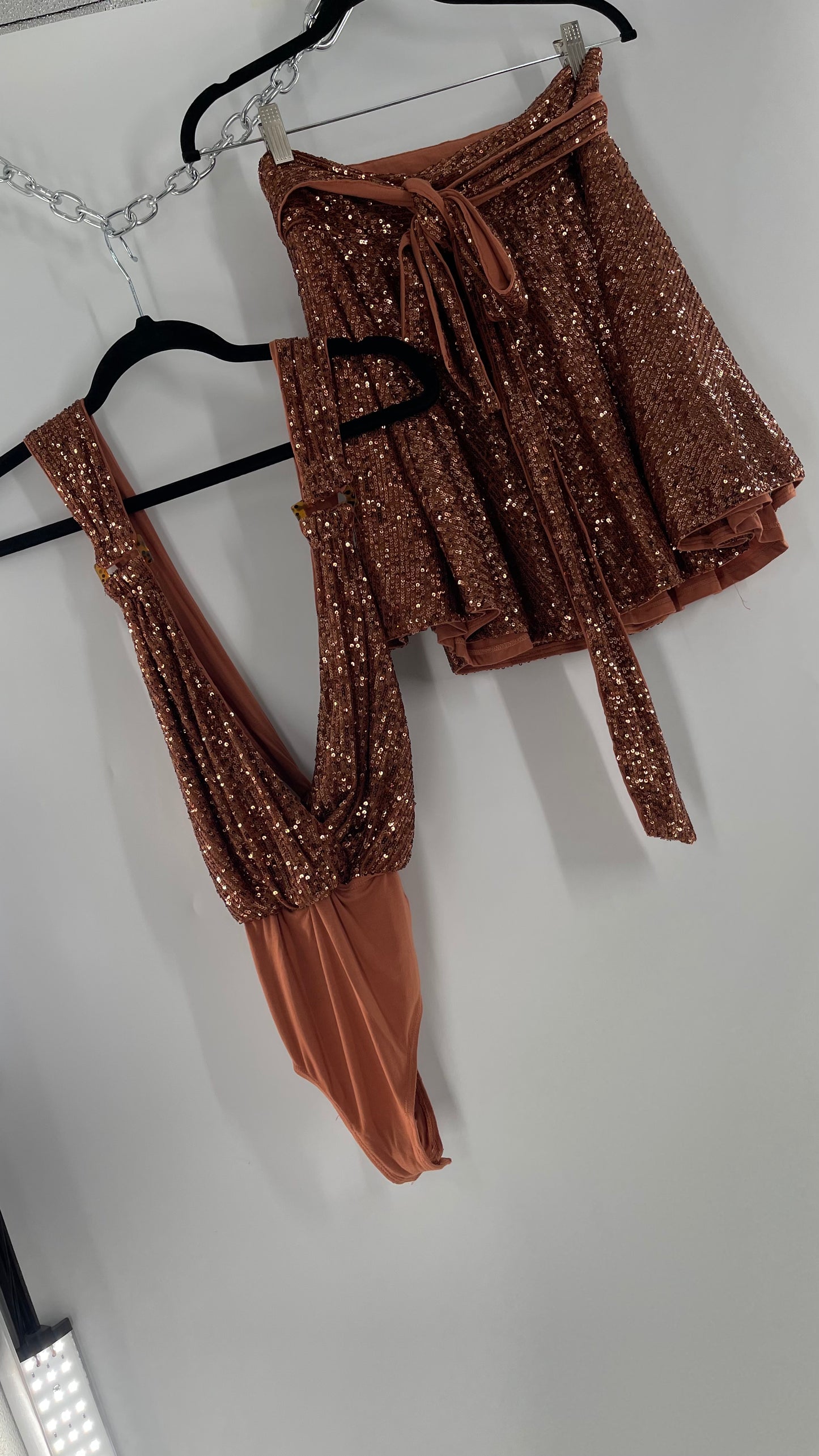 Free People Bronze Sequin 2Piece Set with Wrap Around Skirt and Bodysuit (XS body, S Skirt)