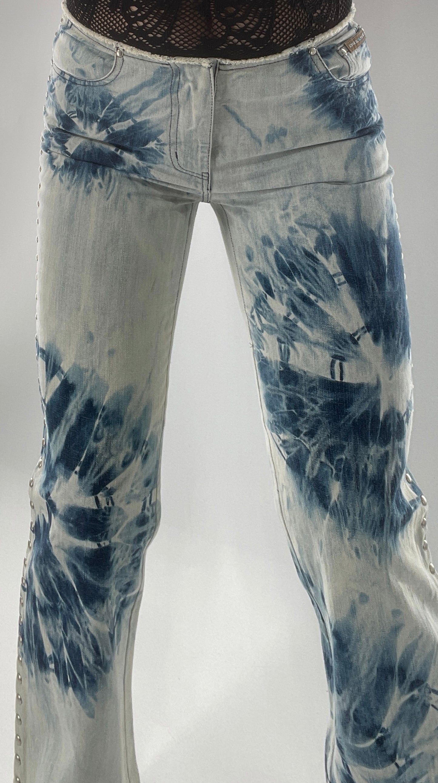 Vintage 1990s DKNY Light Bleached Jeans with Tie Dye Denim Pattern, Raw Edge Low Rise, and Studded Sides (5)