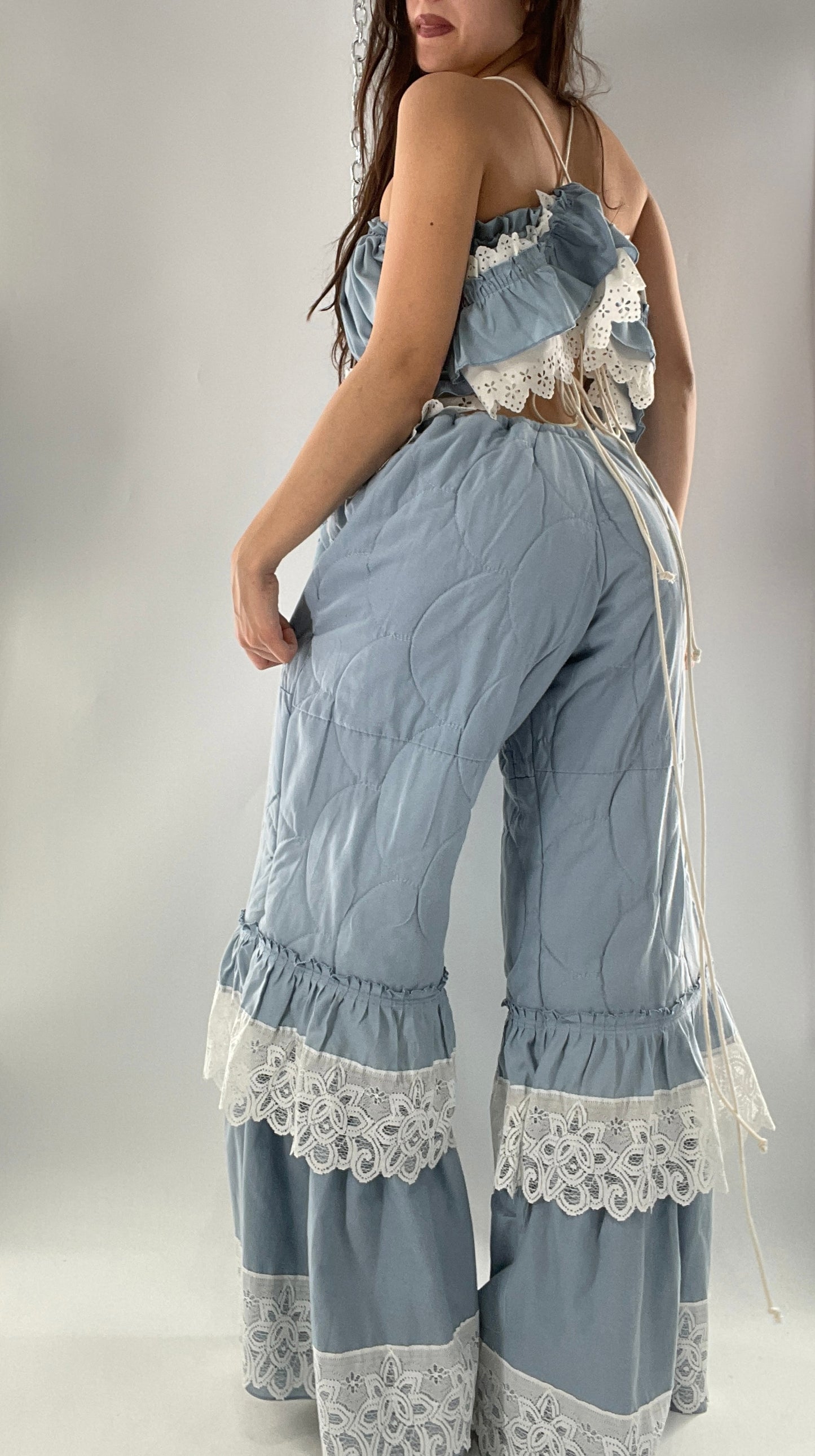 Vintage 2 Piece Powder Blue Set Featuring 2Way Blouse and Quilted Trousers Covered in Ruffles, Lace and Trim (One Size)